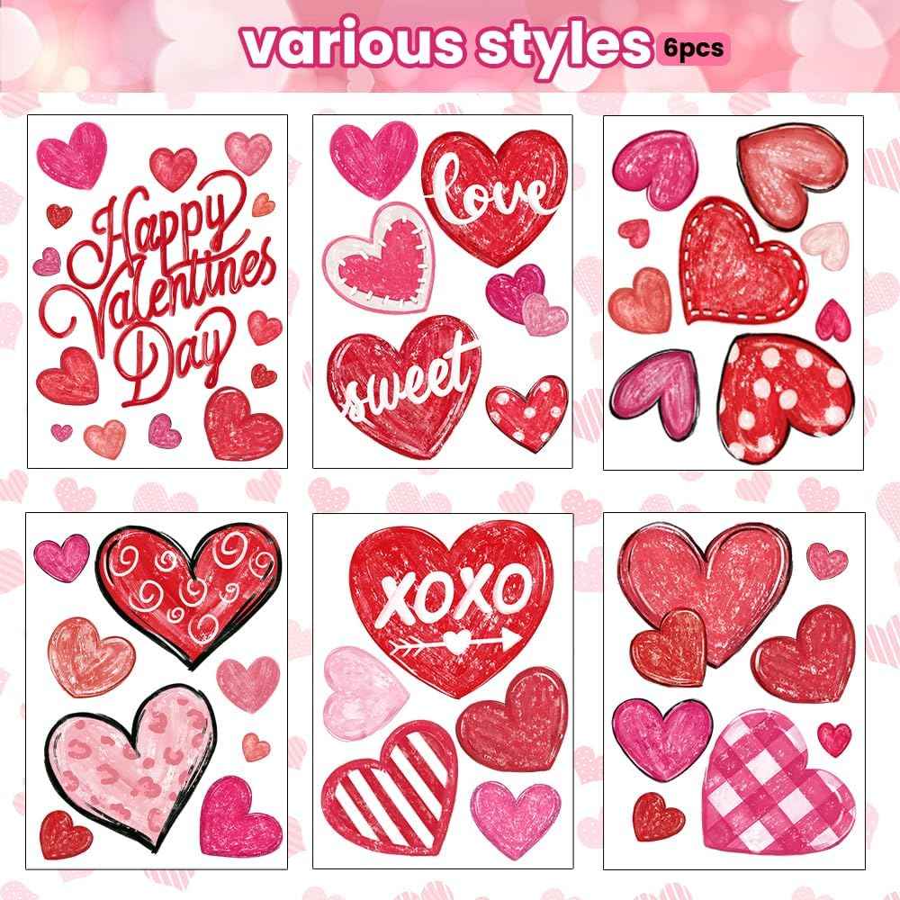 DIYDEC 6 Sheets Valentines Window Cling Double-Sided Pink Red Love Heart Window Stickers Happy Valentines Window Decals for Home Wedding Anniversary Party Store Glass Holiday Decoration