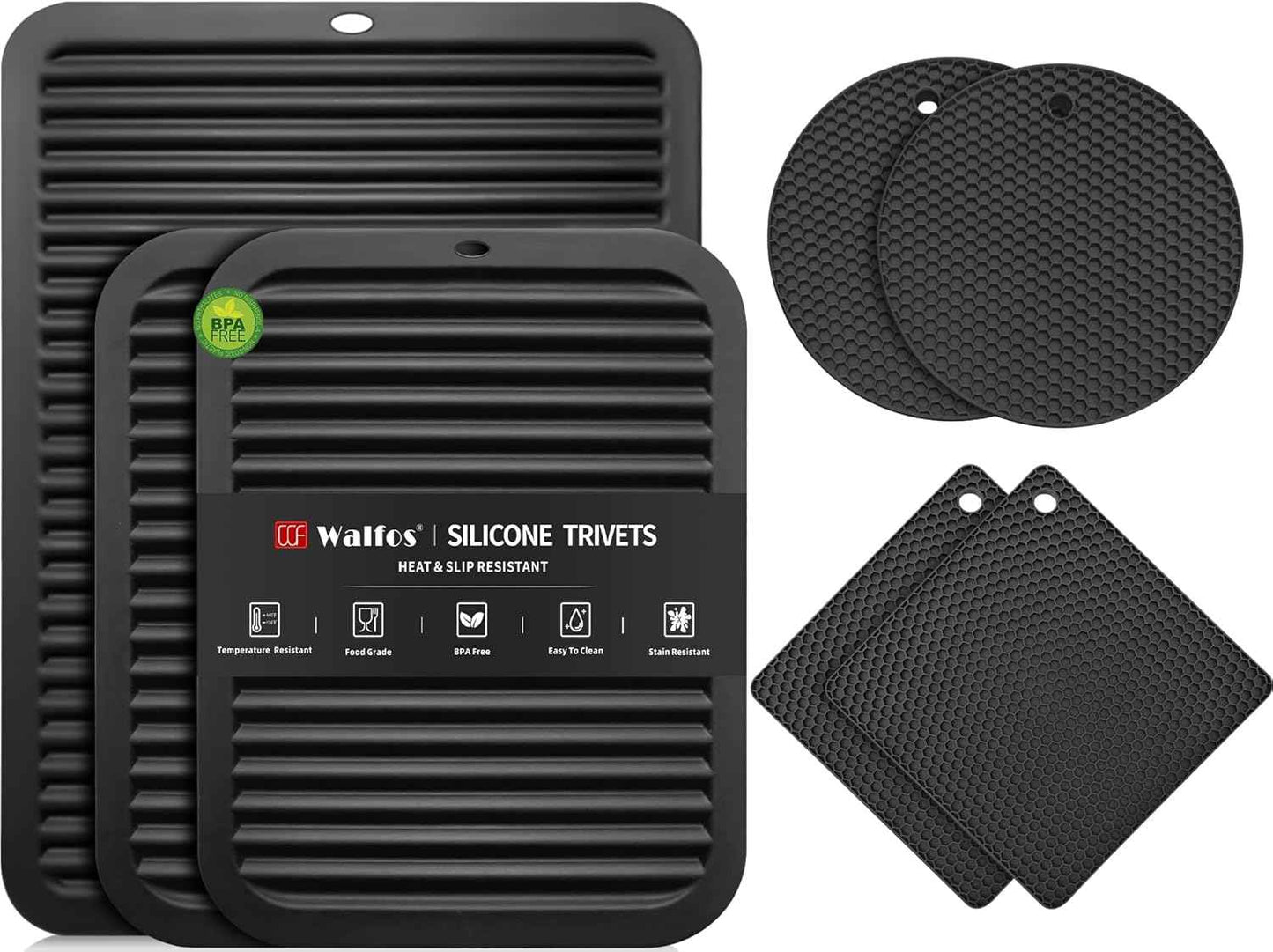 Walfos Silicone Trivet Mats - 4 Heat Resistant Pot Holders, Multipurpose Non-Slip Hot Pads for Kitchen Potholders, Hot Dishers, Jar Opener, Spoon Holder, Food Grade Silicone & BPA Free (Black)