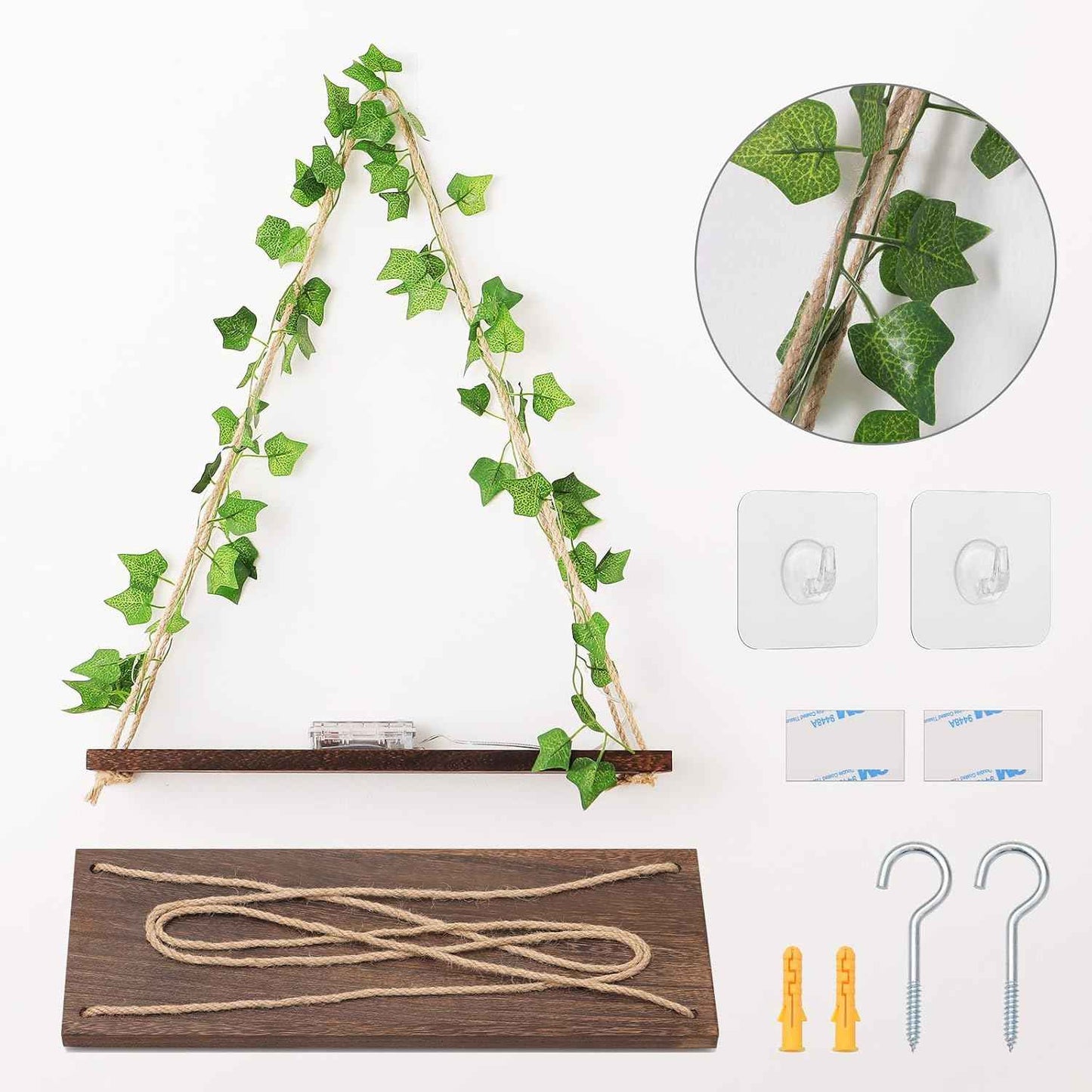 Floating Shelves for Wall, Hanging Shelves with Artificial Ivy LED String Light, No Drilling Hanging Shelf, Wood Hanging Plant Shelves for Wall DΓ©cor, Boho Decor, Art Bedroom, Set of 2