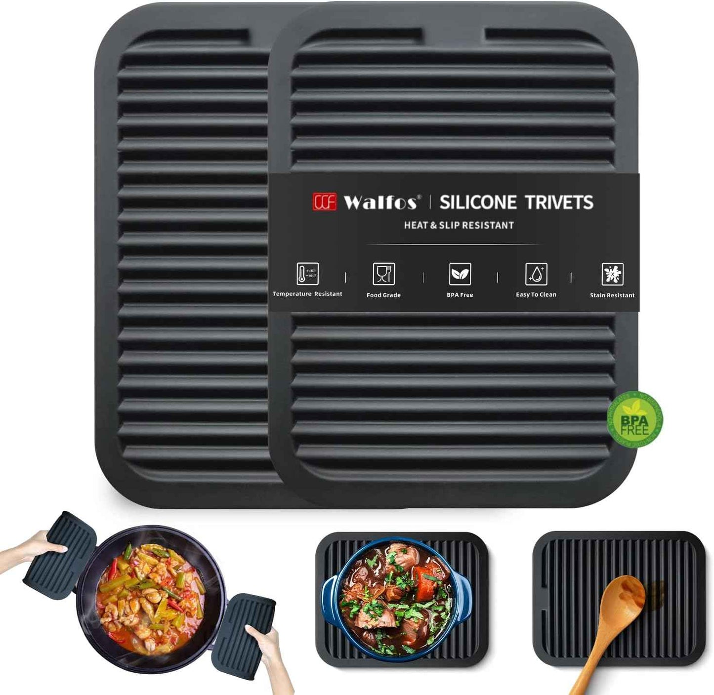 Walfos Silicone Trivet Mats - 4 Heat Resistant Pot Holders, Multipurpose Non-Slip Hot Pads for Kitchen Potholders, Hot Dishers, Jar Opener, Spoon Holder, Food Grade Silicone & BPA Free (Black)