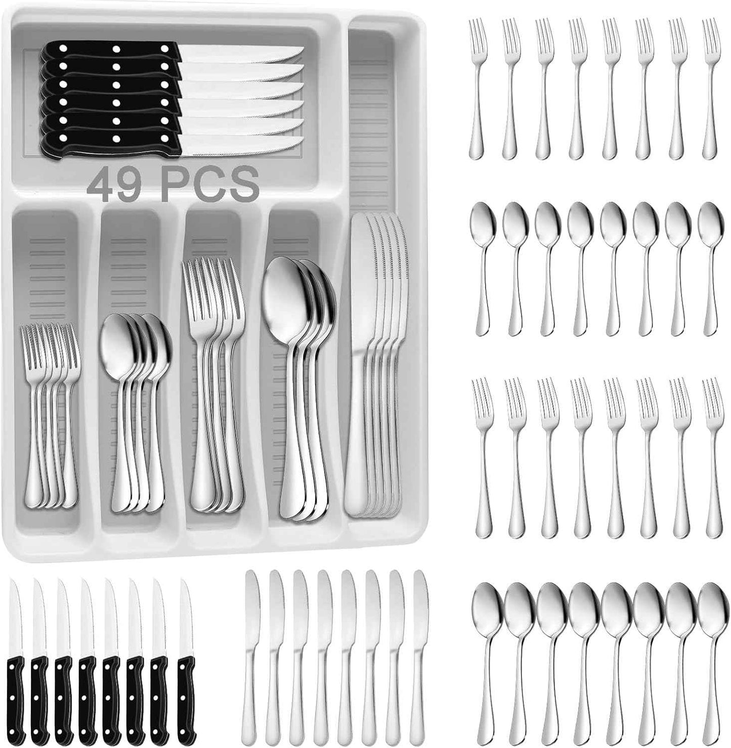 49-Piece Stainless Steel Silverware Set with Cutlery Organizer, Service for 8 with Steak Knives and Kitchen Utensils