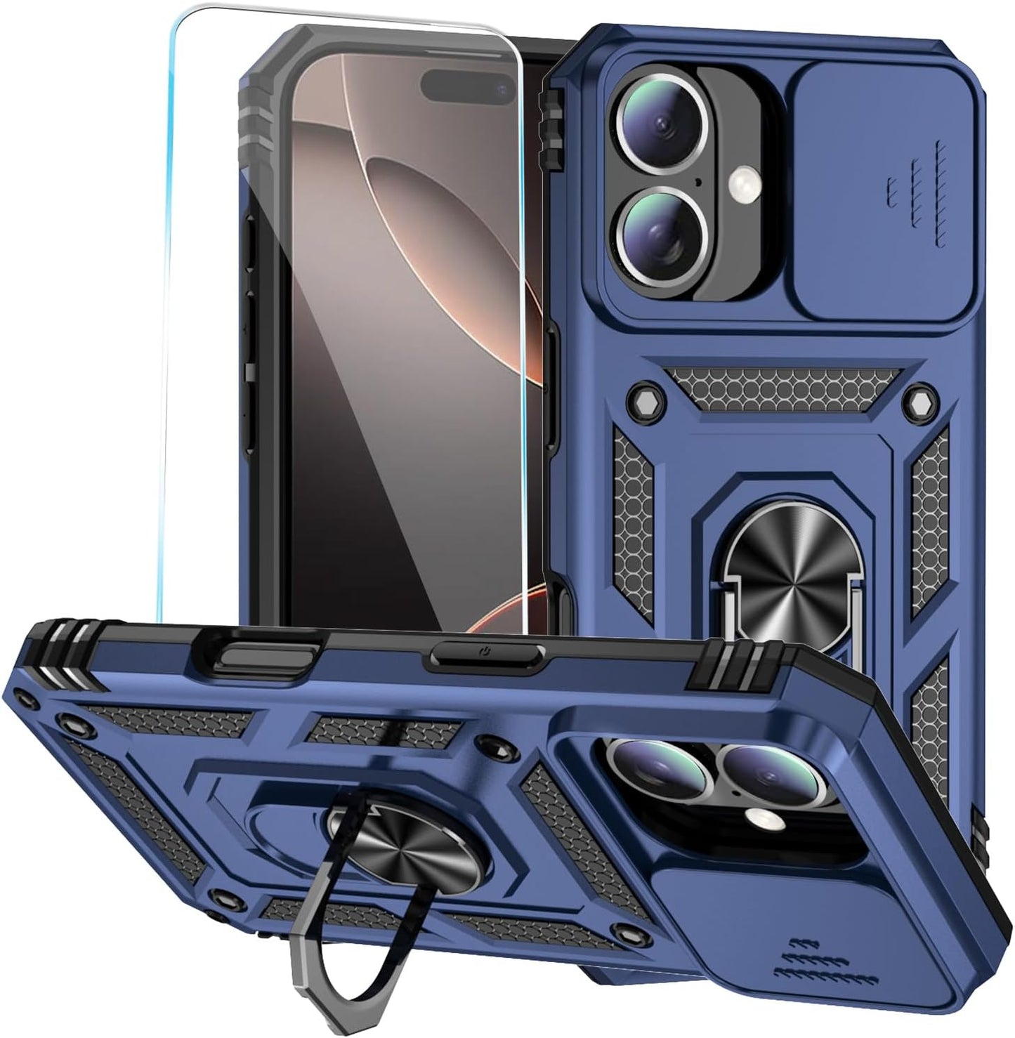 SunStory Phone Case for iPhone 16 6.1" with HD Screen Protector | Slide Camera Cover | Rotated Ring Kickstand | Military-Grade Protection | Red