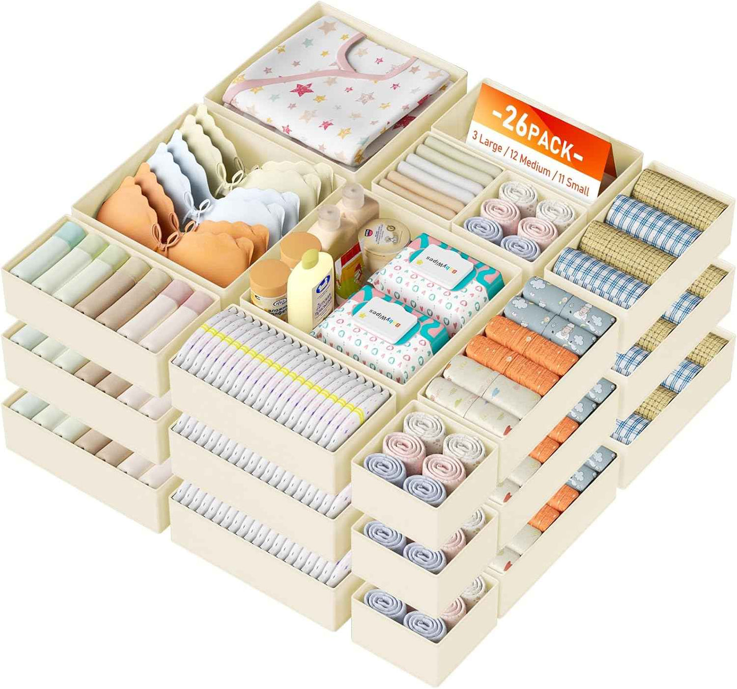 DIMJ Drawer Organizer Clothes, 12 Pack Dresser Organizer, Foldable Closet Organizers and Storage, Fabric Dresser Bins, Drawer Dividers for Nursery, Baby Clothes, Underwears, Sock (Beige)
