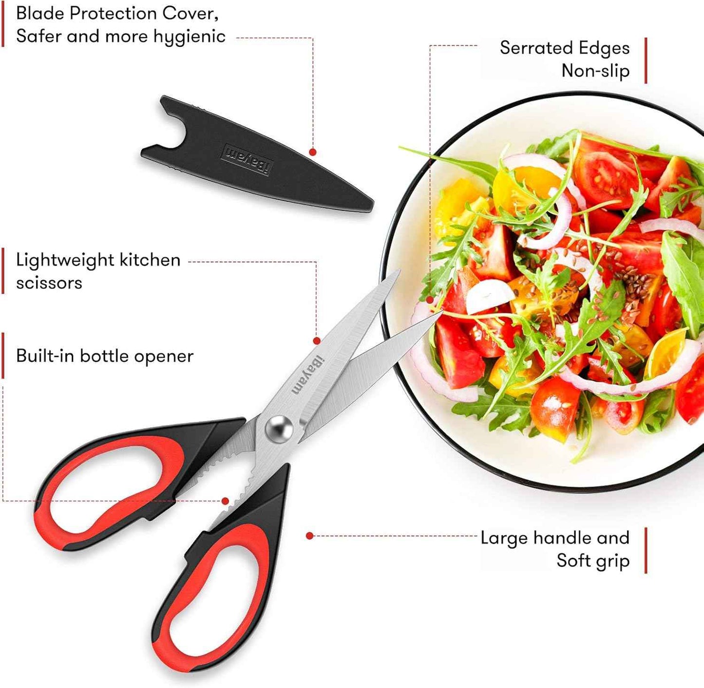 iBayam Kitchen Scissors All Purpose Heavy Duty, Kitchen Utensils Set, Stainless Steel Cooking Utensils Gadgets, Meat Poultry Food Shears Dishwasher Safe Utility Tools Home Gift, with Protective Sheath