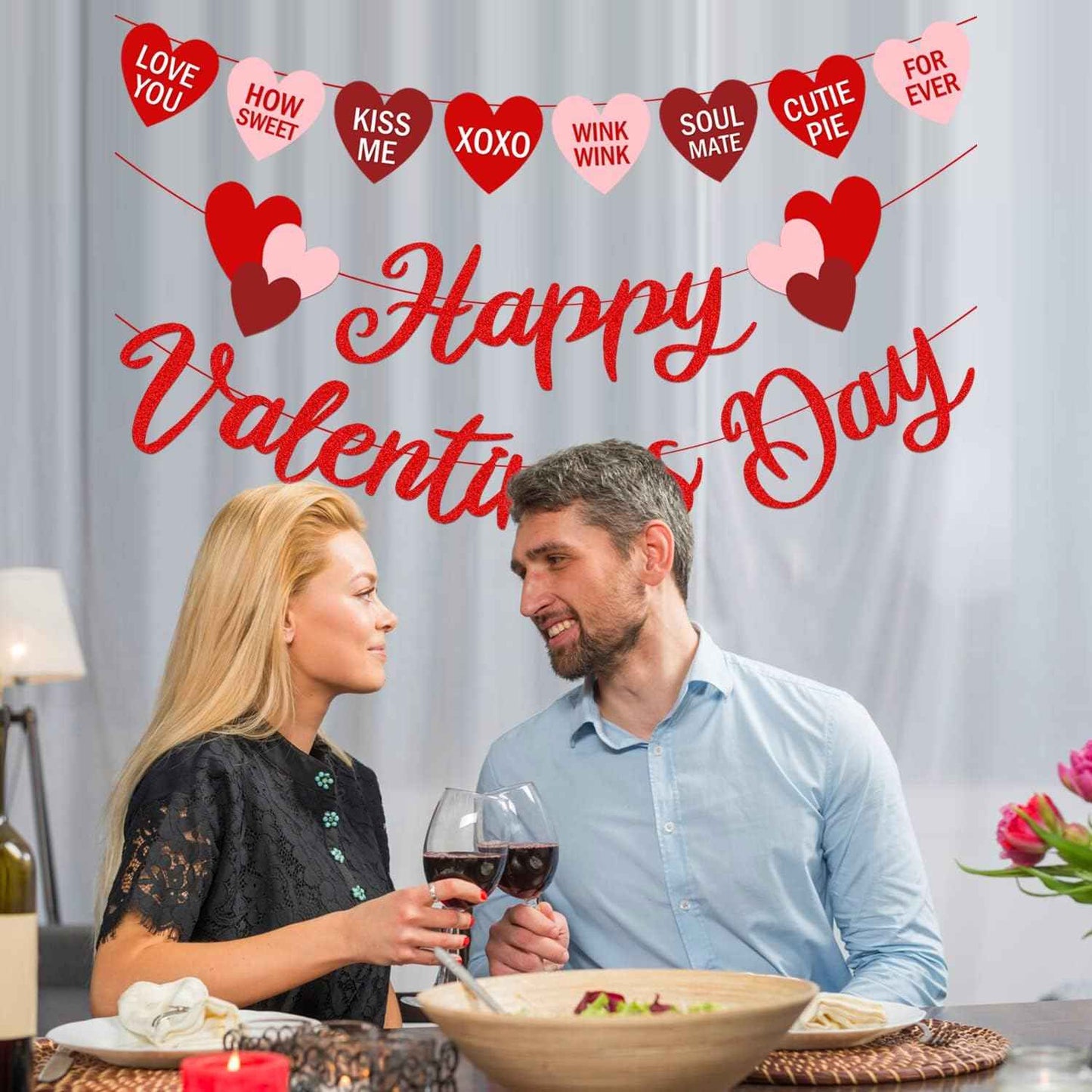 Valentine's Day Garland Banner Including Glitter Happy Valentine's Day Banner, Valentines Gnomes Garland Banner, XOXO Heart Garland for Valentines Gnomes Wedding Engagement Anniversary Party