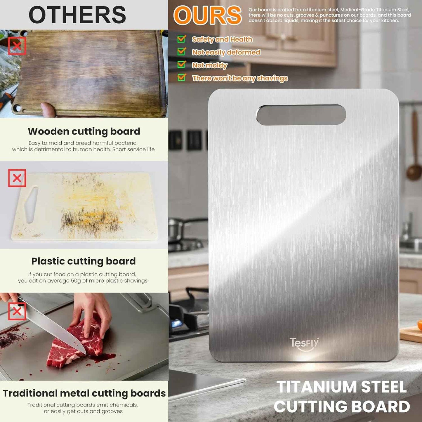 Pure Titanium 3-Pack Cutting Boards for Kitchen, Double-Sided, Easy to Clean