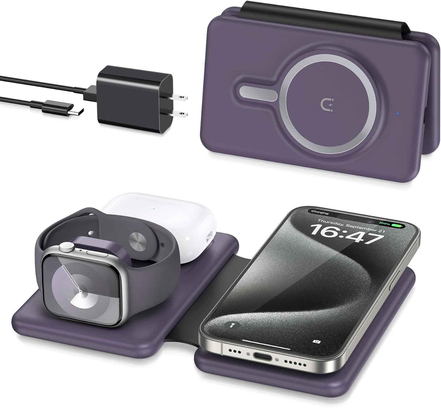 Magnetic Wireless Charger for iPhone: 3 in 1 Travel Charging Station for Apple Devices for iPhone 17 Air 16 15 14 13 12 Pro Max Plus - Foldable Charging Pad for Apple Watch Series & Airpods 4 3 2 Pro