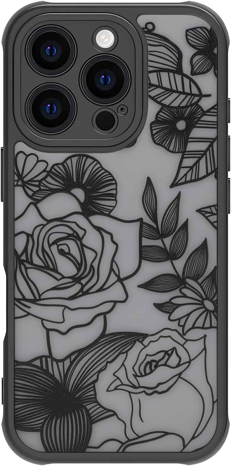 Girly Flower Case Compatible with iPhone 17 Pro Max, Cute Rose Aesthetic Black Line Art Floral Pattern Print, Anti Fingerprint PC Heavy Duty Protection Cases Cover for Girls Women