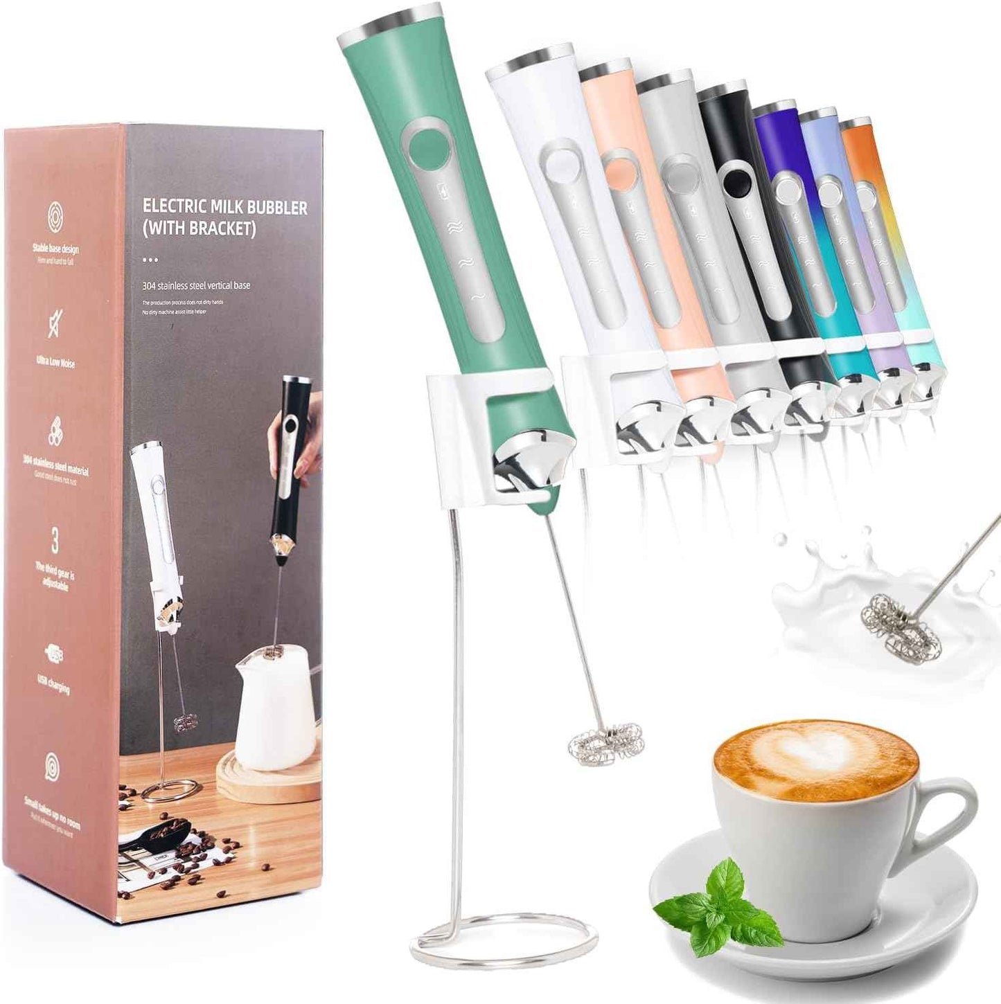 Rechargeable Milk Frother Handheld For Coffee,3 Speeds Frother Wand With Stand, Batidora De Mano Electrica,Coffee Frother With 2 Heads,Drink Mixer Electric Handheld,Kitchen Essentials(Black)