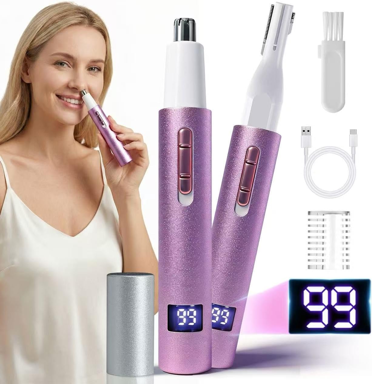 Nose and Ear Hair Trimmer with LED Display for Women Men,2 in 1 Eyebrow Hair Trimmer with USB Rechargeable,2026 Portble Waterproof Facial Hair Removal with Dual-Edge Blades (Purple)