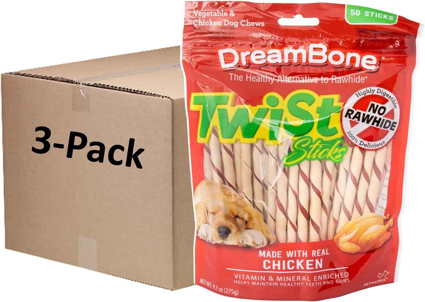 DreamBone Twist Sticks, Made With Real Chicken, Rawhide-Free Chews for Dogs, 50 Count