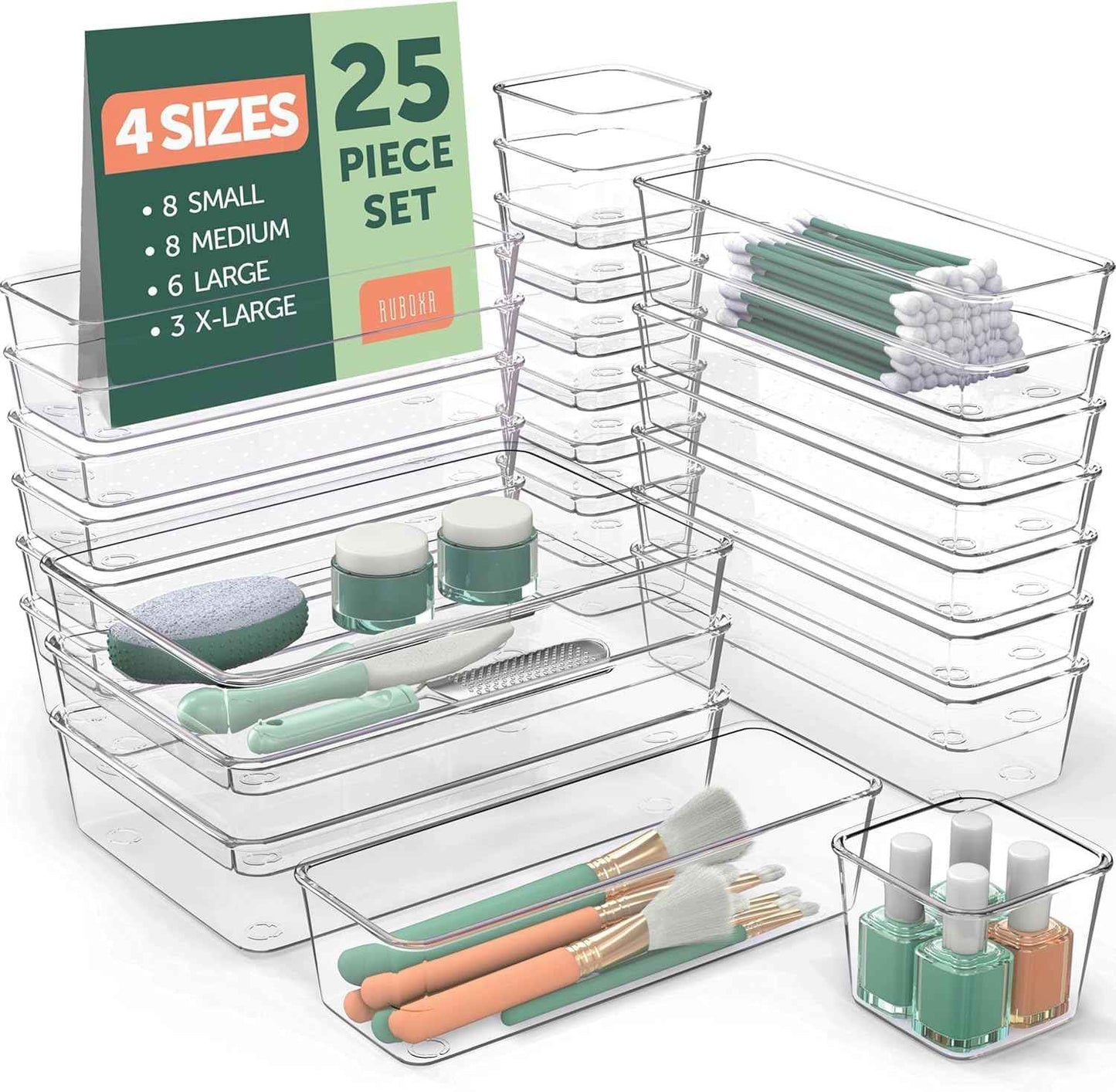 25PCS Clear Plastic Organizer Set, 4 Sizes, Non-Slip Pads for Makeup, Jewelry, Vanity, Kitchen, Office, Desk, Bathroom Drawers