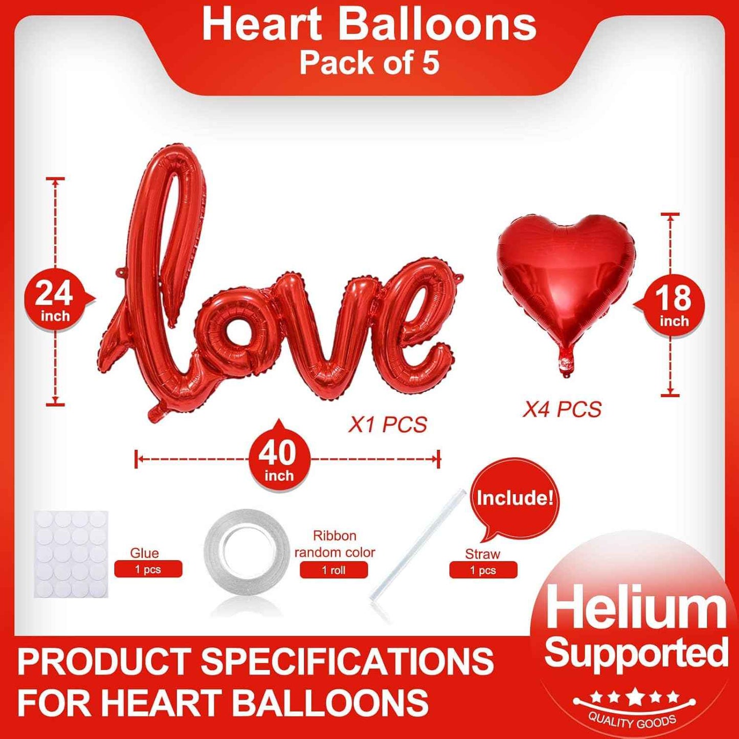 5 Pcs Red Heart Shaped Balloons Red Love Valentine Balloons for Valentines Day Bridal Shower Wedding Party Decorations