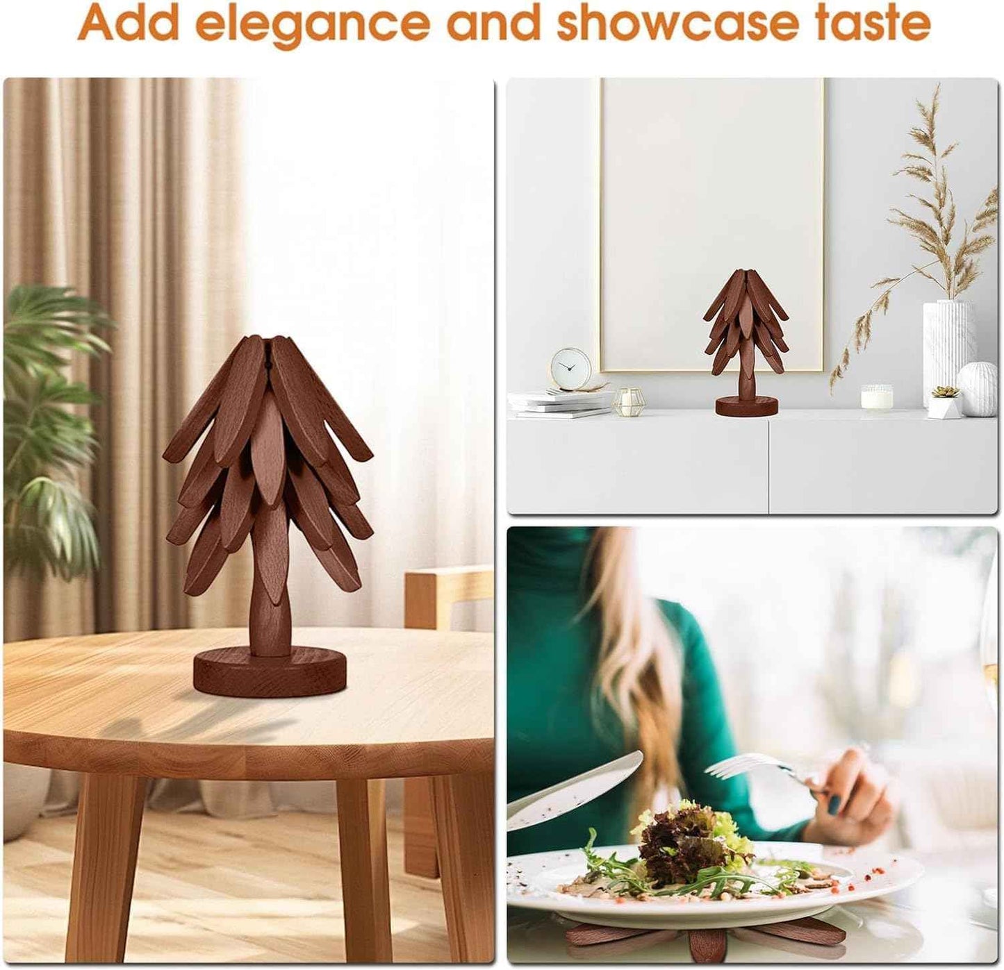 Wooden Cup Coaster Set,Tree Shape Trivet Set,Tree Coasters- 4 Wooden Trivets + 1 Stand stored for hot Dish/Pot/Bowl/teapot/hot Pot Set (Brown)