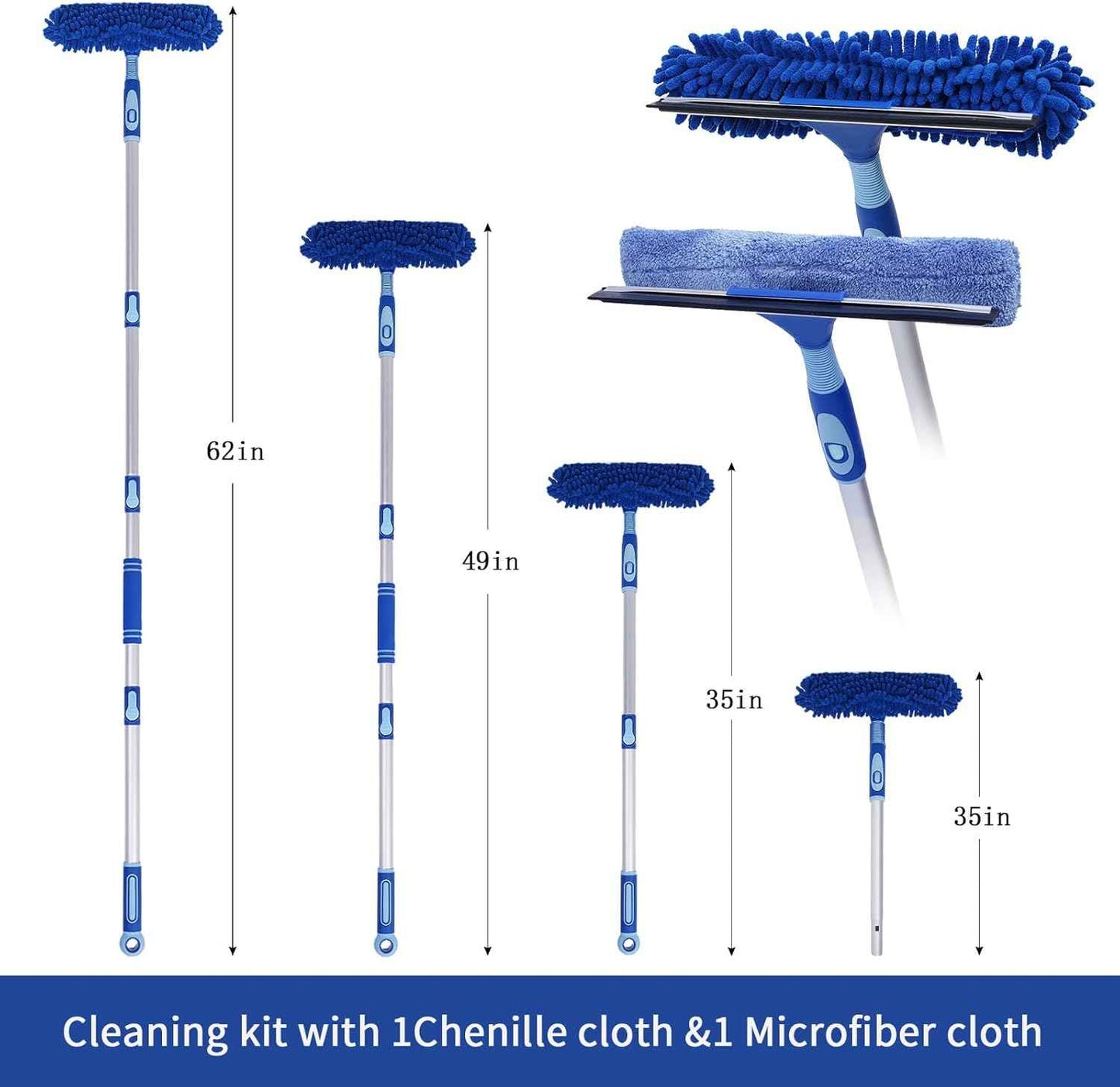 LOMIDA Professional Window Squeegee Kit - 62" Lightweight Aluminum Pole, 2 in 1 Rotatable Window Cleaning Tool Kit with Extension Pole Cleaning with Bendable Head for Car/Shower/High Windows