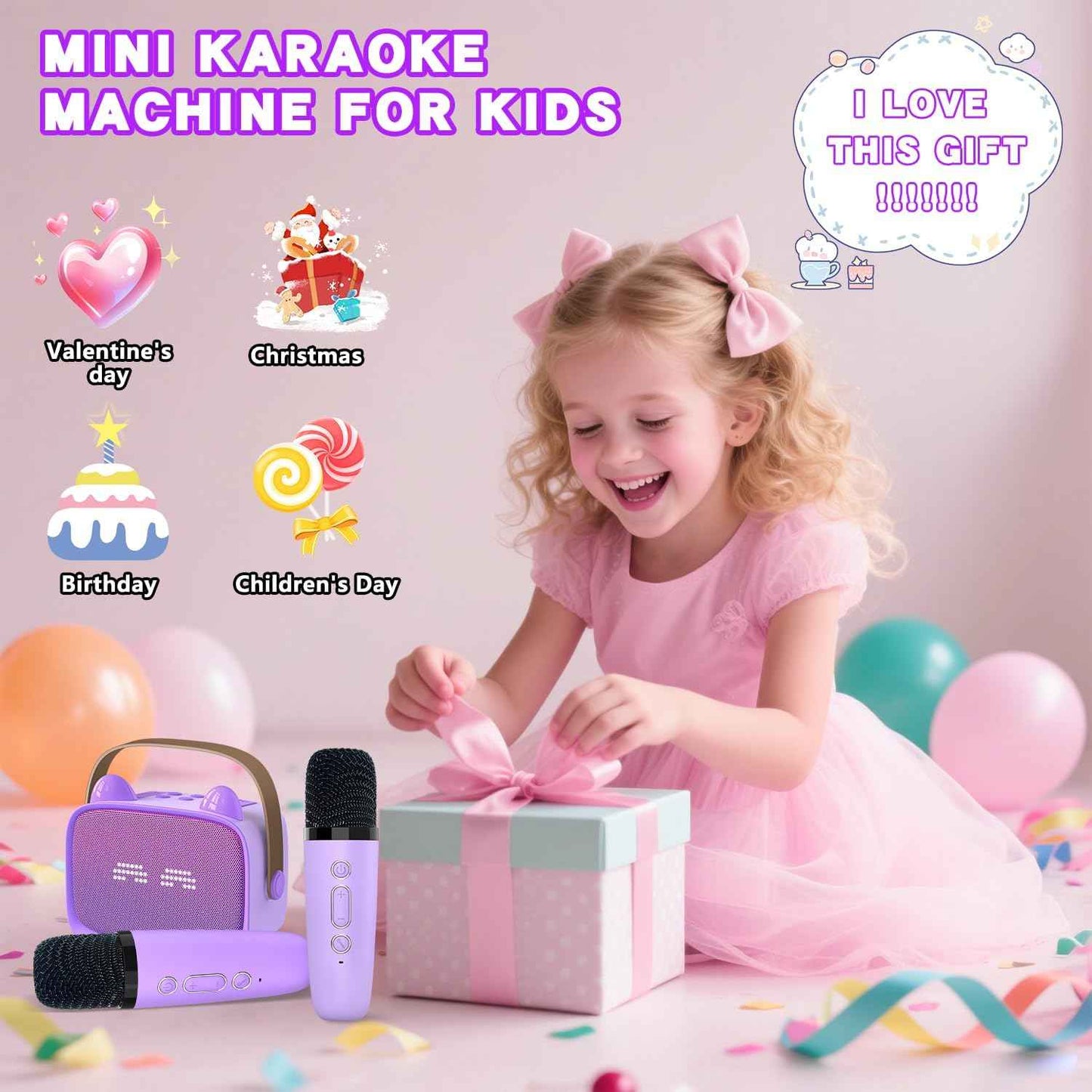 Mgaolo Upgraded Mini Karaoke Machine Toy for Kids, Portable Bluetooth Speaker with 2 Wireless Mics, Emoji & Colorful LED Lights, Home Travel & Party Play Gifts for Boys Girls (Purple)