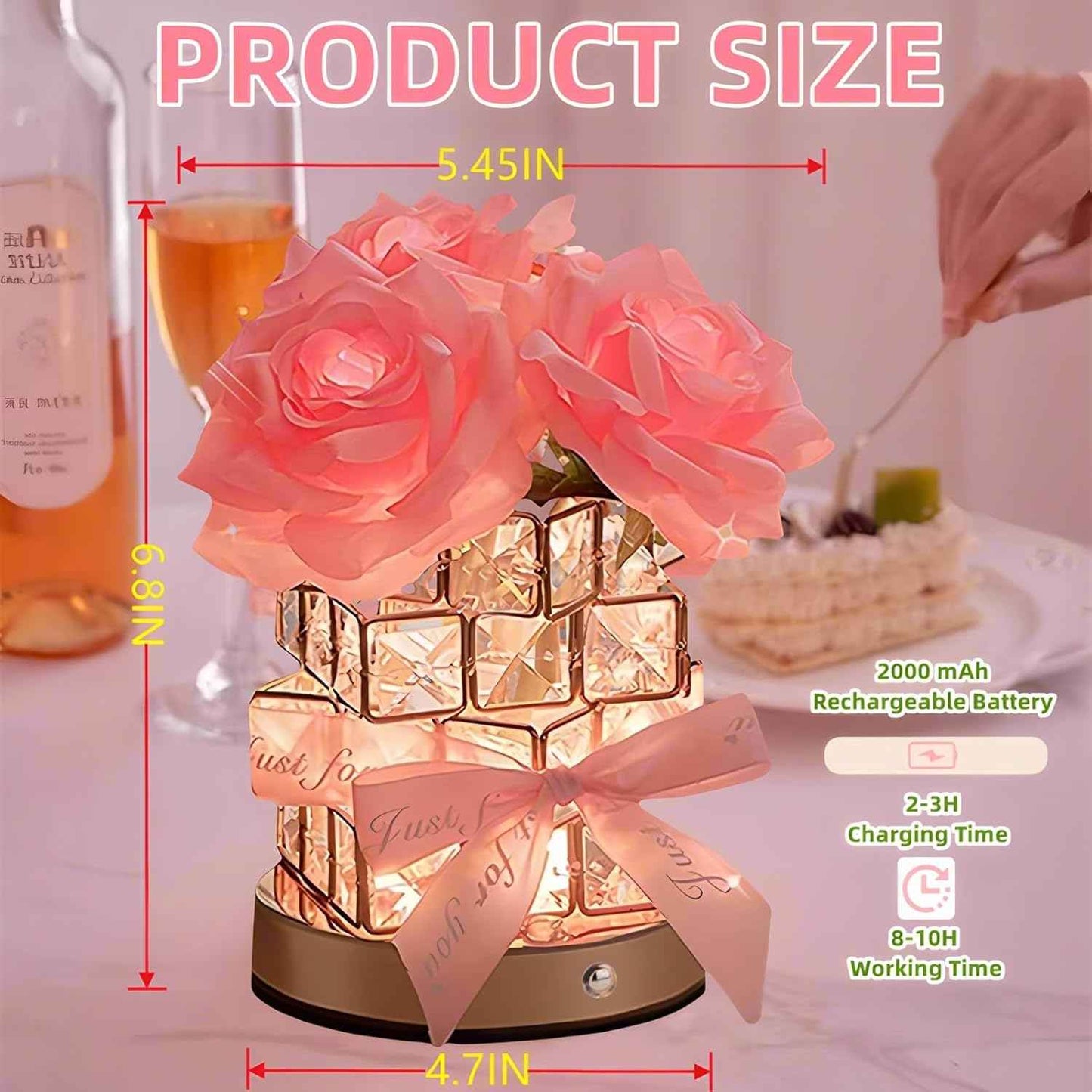 Rose Flower Lamp,Rechargeable Cordless Touch Table Lamp for Bedroom,3-Colour Dimming Small Night Light,Crystal Bedside Lamps with USB Charge,Birthday Valentine's Day Gifts for Women,Mom,Wife,Her