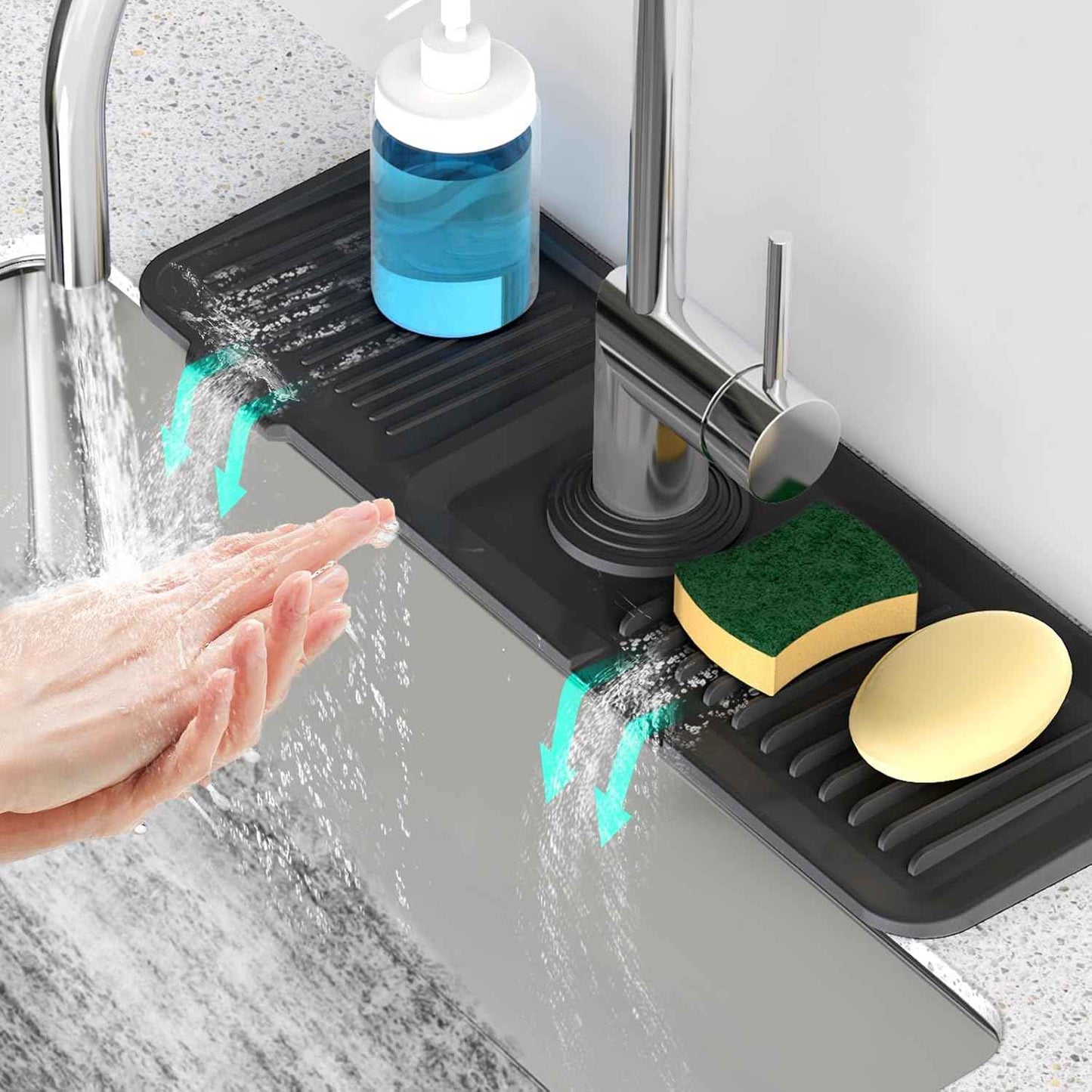 24 Inch Longer Faucet Mat for Kitchen Sink, 5° Slope Fast Self-draining, Kitchen Sink Splash Guard Silicone Sink Faucet Mat Splash Guard Kitchen Sink Area Tidy Splash Faucet Guard Draining Mat