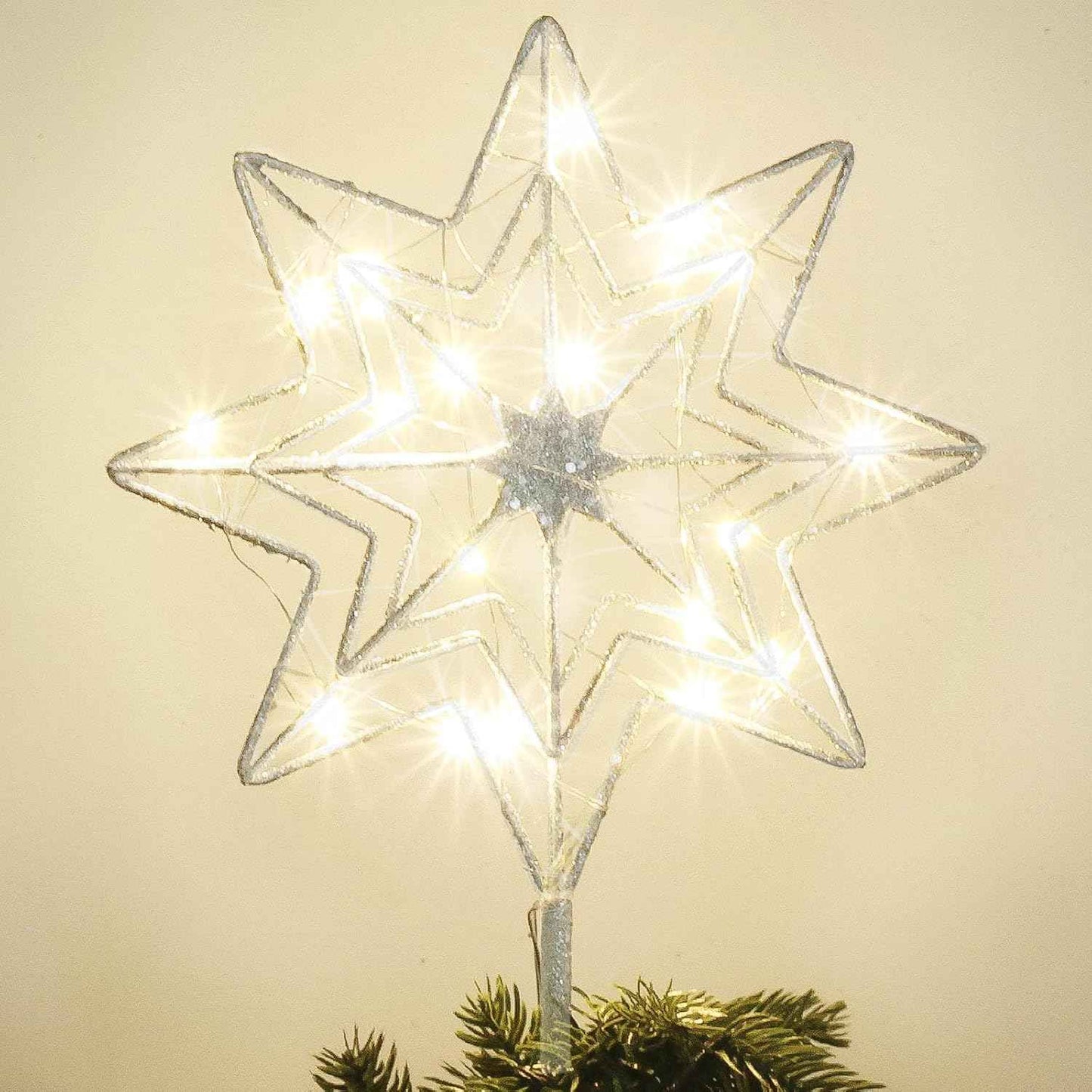 hogardeck Christmas Tree Topper, 11 Inches Lighted Gold Glittered 8-Point Star Tree Topper, 30 LED Sparkling Tree Toppers Christmas Decorations, Battery Powered Timer Xmas Treetop Star Decor