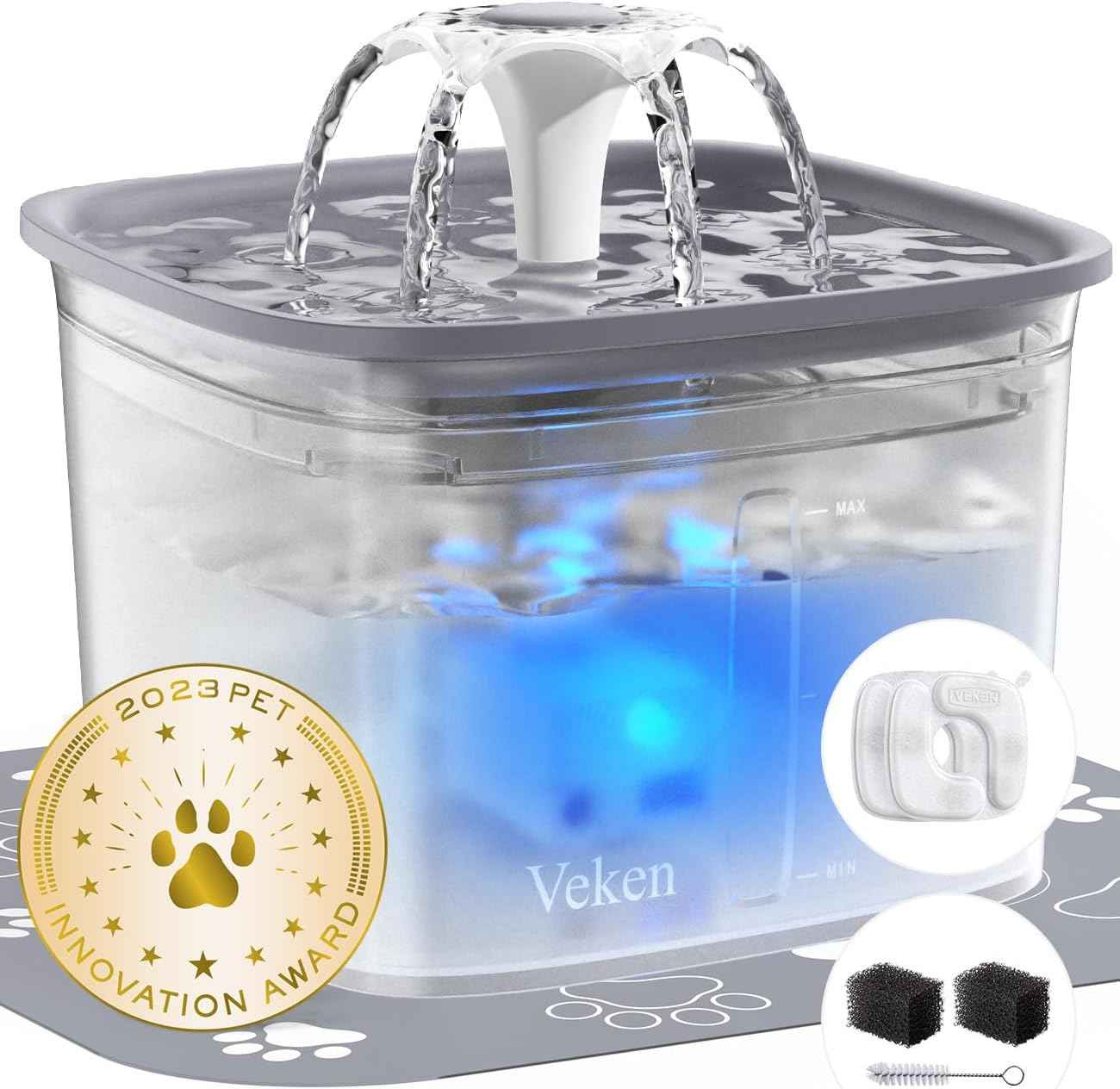 Veken Innovation Award Winner 95oz/2.8L Pet Fountain, Automatic Cat Water Fountain Dog Water Dispenser with Replacement Filters for Cats, Dogs, Multiple Pets (Grey, Plastic)