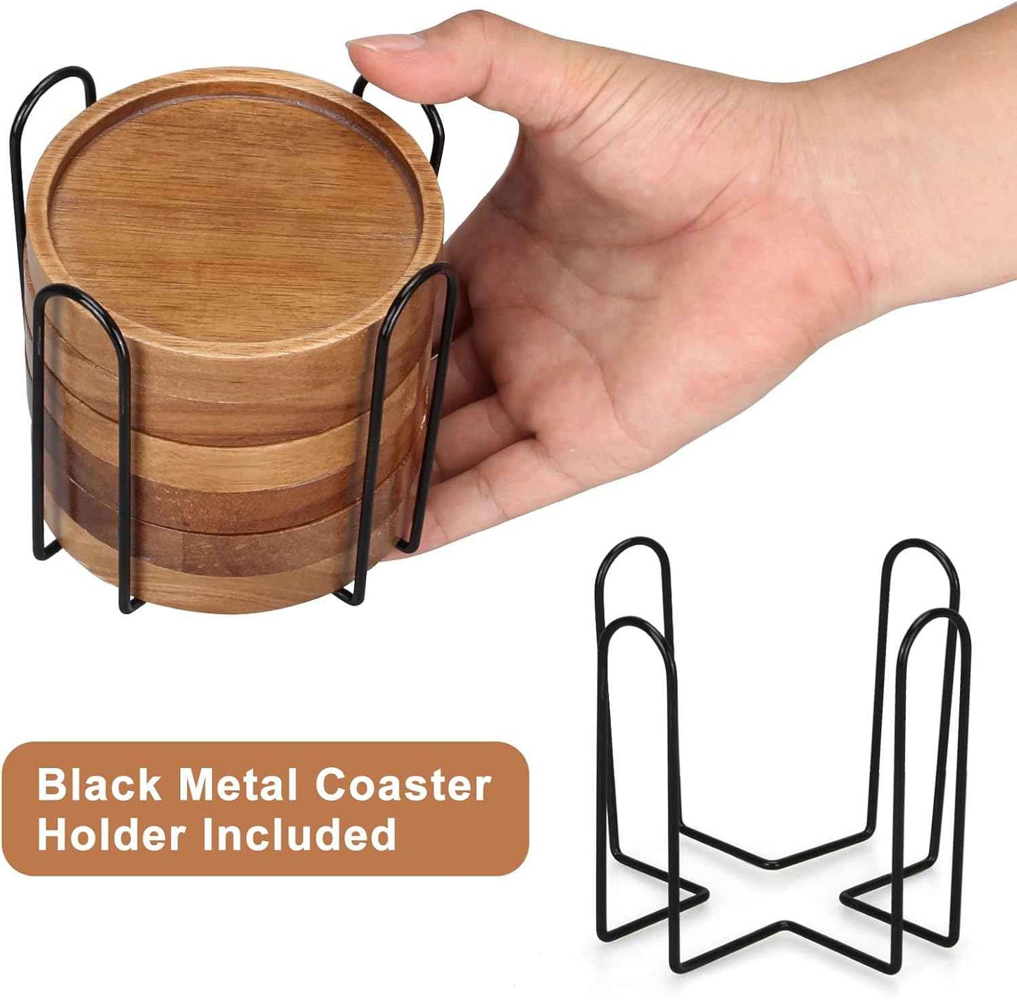 6 Pcs Best Wooden Coasters with Holder Coffee Table Decor Acacia Wood Coaster Set Modern Cup Coaster for Drink Home Dining Table Kitchen Accessories Cute Beer Bar Decorative Rustic Outdoor Coasters