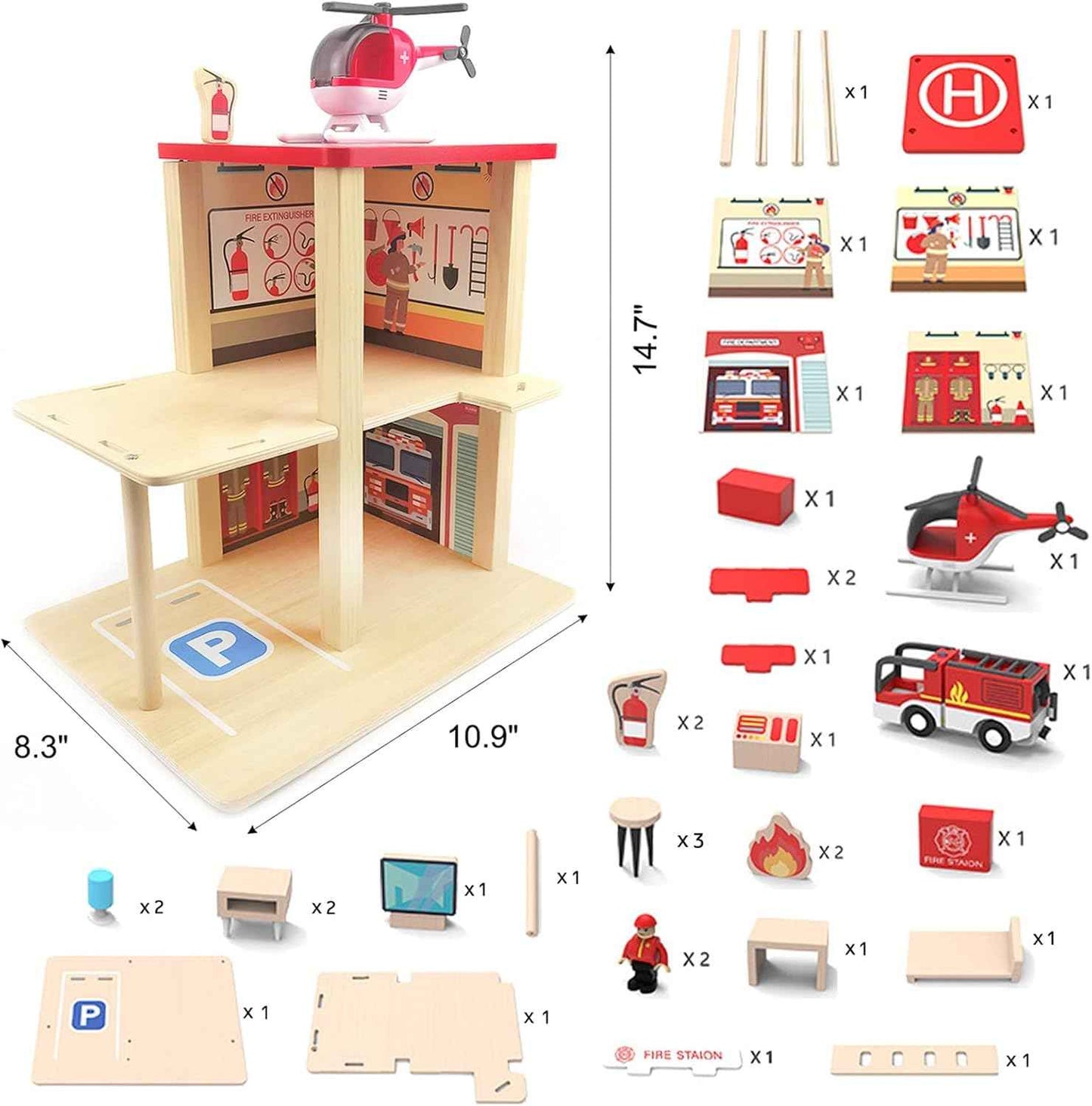 Wooden Fire Station Playset, Multicolor 3-Level Pretend Play Dollhouse with Figures, Truck, Helicopter and Accessories, Preschool Learning Educational Toys for Toddlers Kids Age 3 and up