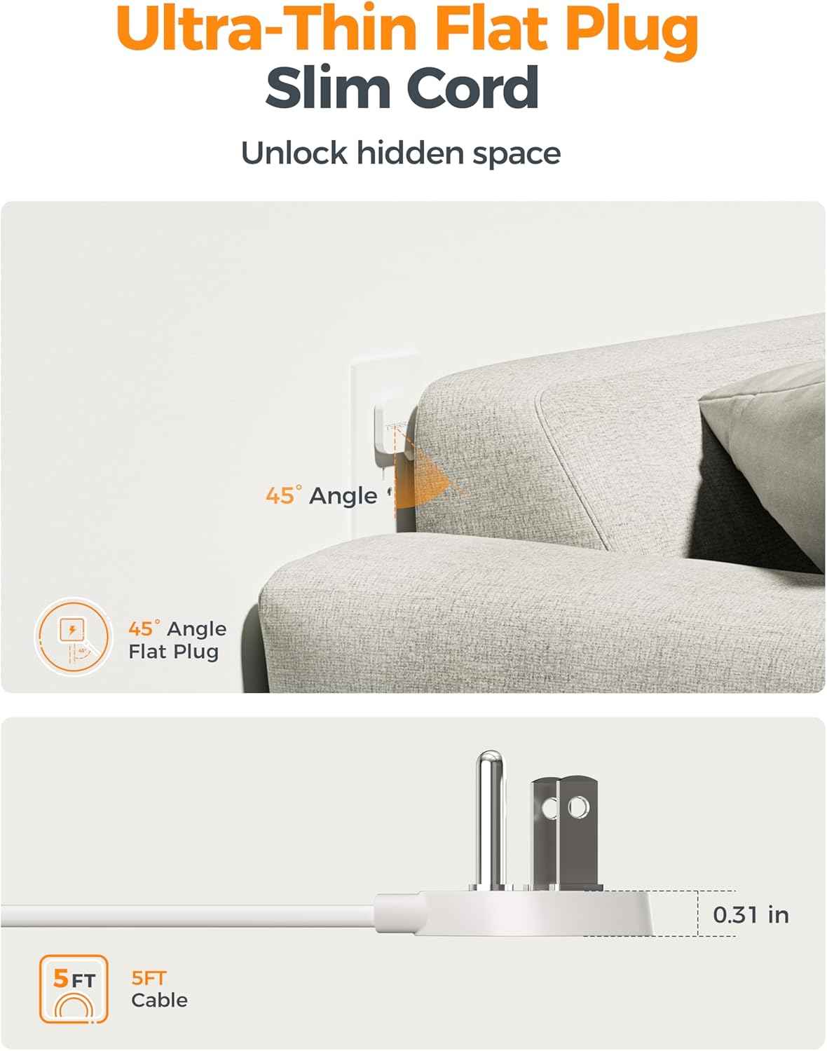 TESSAN Flat Plug Extension Cord 5 FT, Surge Protector Power Strip with 4 AC Outlets 1 USB C and 2 USB A Ports, 900 Joules Protection, Multiple Wall Outlet Extender Suitable for Home Office Dorm