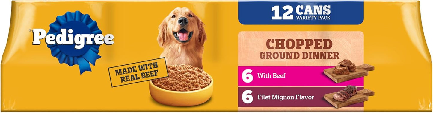 Pedigree Chopped Ground Dinner Wet Dog Food Filet Mignon & Beef Variety Pack, (12) 13.2 oz. Cans