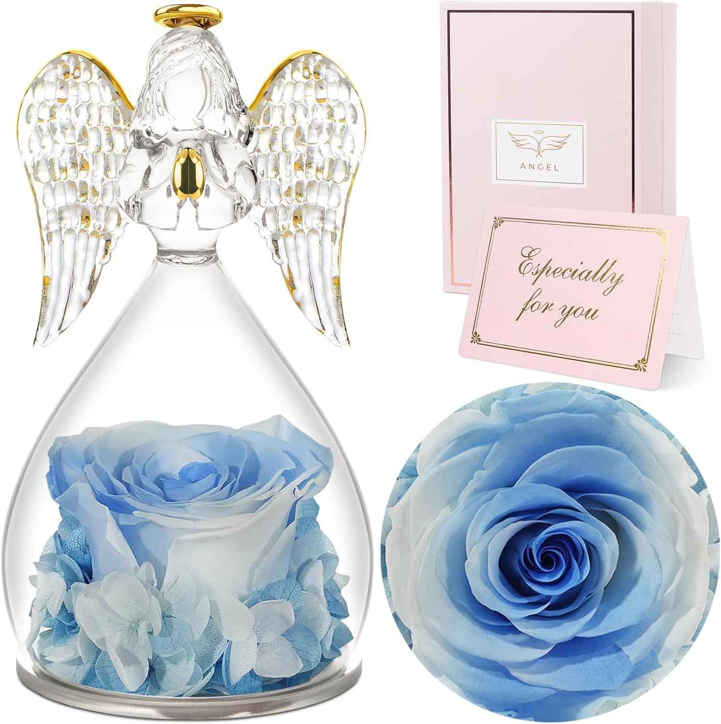 Sunia Valentines Day Rose Gifts for Women, Birthday Gifts for Mom Grandma, Forever Preserved Flower in Glass Angel Figurines Flowers for Delivery Prime, Mothers Day Real Roses for Her Wife