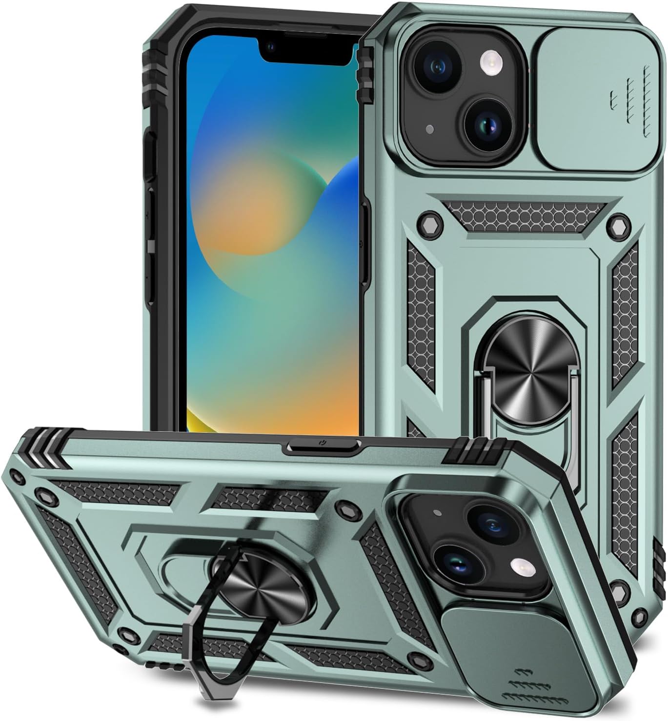 SunStory Phone Case for iPhone 16 6.1" with HD Screen Protector | Slide Camera Cover | Rotated Ring Kickstand | Military-Grade Protection | Red