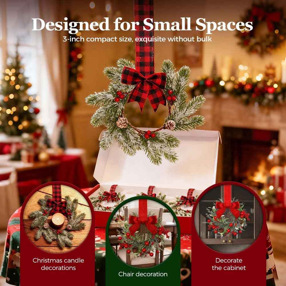 Small Christmas Wreath, 6 Pcs 6" Mini Christmas Wreaths for Cabinets, Small Cabinet Wreaths for Kitchen Cabinet Window Door Farmhouse Christmas Party Decorations Candle Rings Fireplaces (A)
