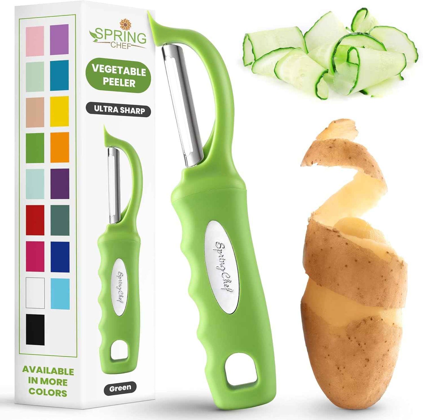 Spring Chef Premium Swivel Vegetable Peeler, Soft Grip Handle and Ultra Sharp Stainless Steel Blades - Perfect Kitchen Peeler For Veggie, Fruit, Potato, Carrot, Apple - Black