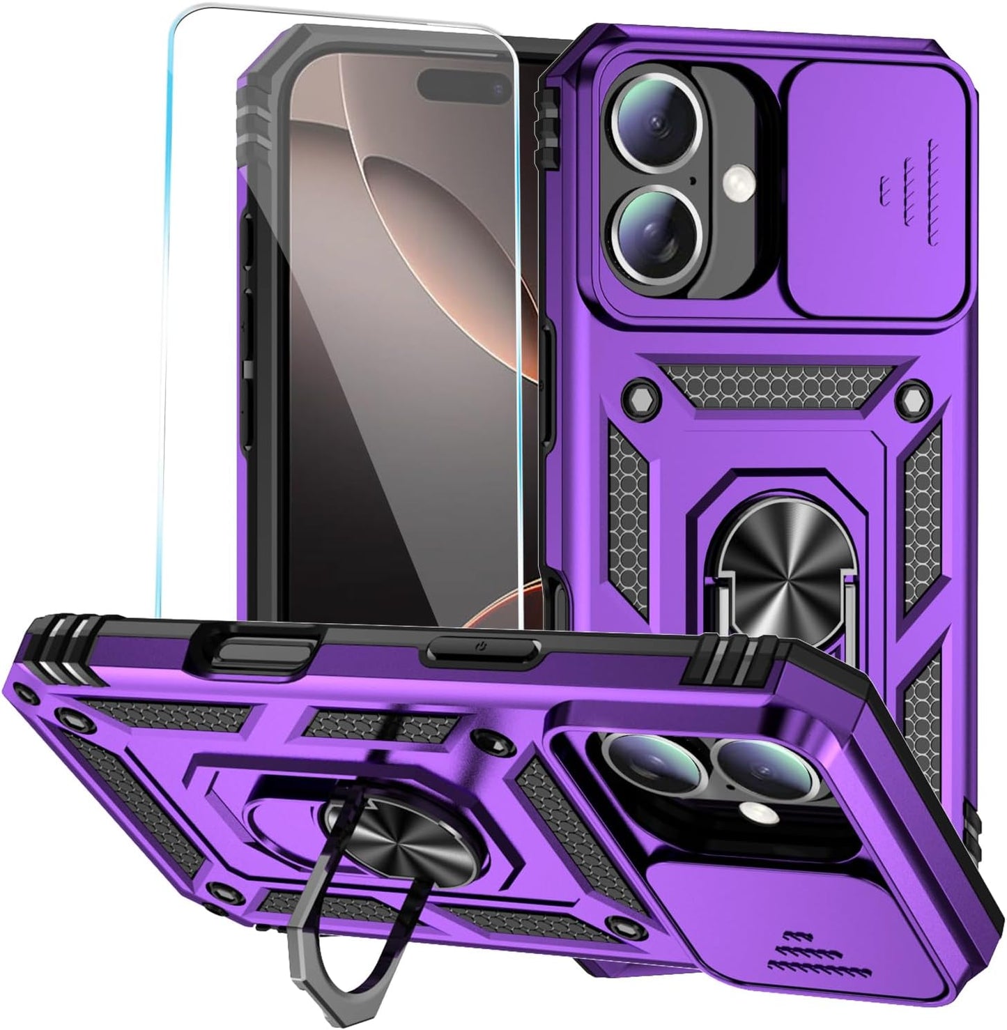 SunStory Phone Case for iPhone 16 6.1" with HD Screen Protector | Slide Camera Cover | Rotated Ring Kickstand | Military-Grade Protection | Red