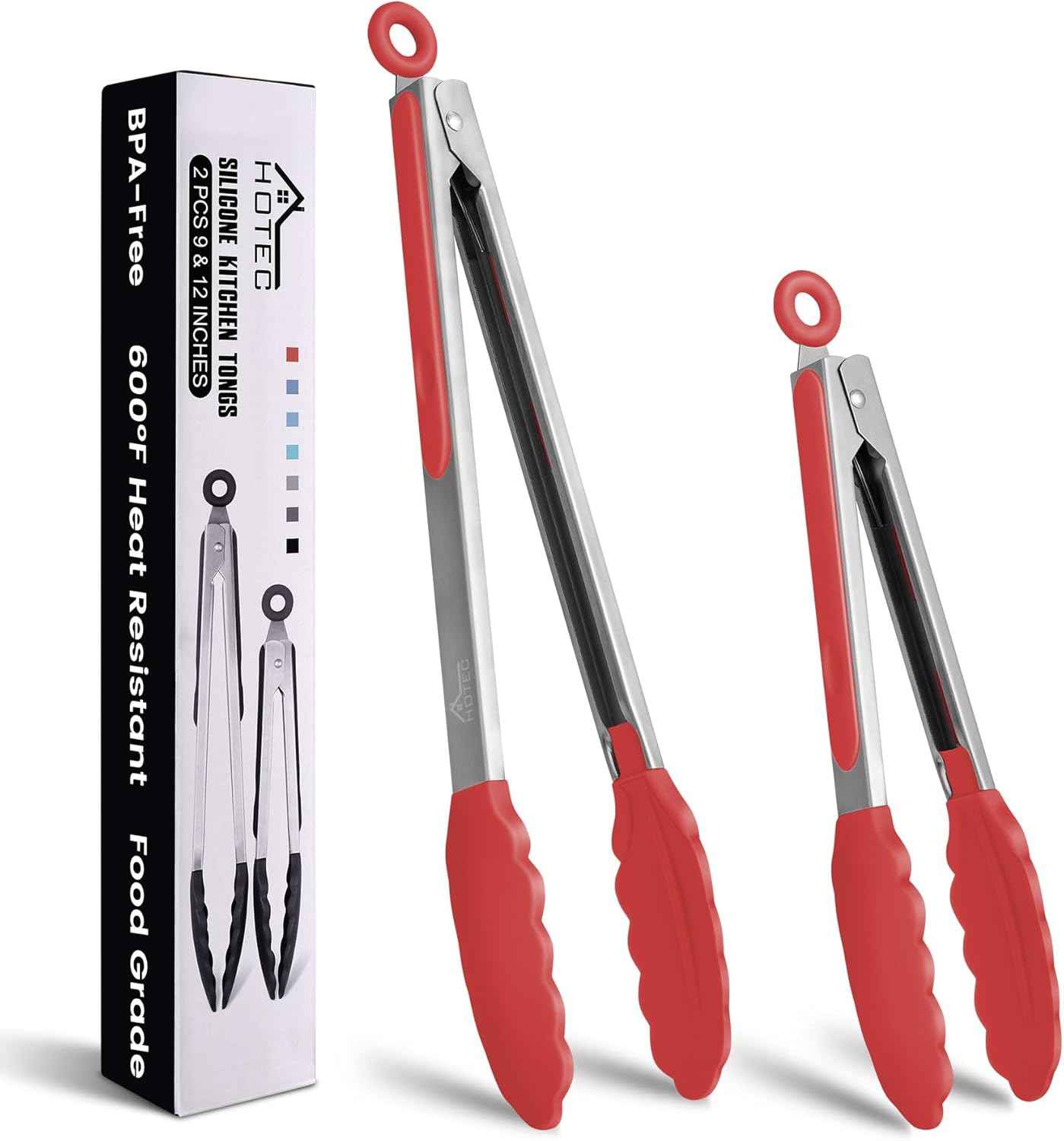 HOTEC Premium 7 & 9 Inch Kitchen Tongs, Stainless Steel Locking Cooking Tongs with Silicone Tips, Non-Scratch & Heat Resistant, Serving Tongs for Salad, BBQ, Classic Blue, Set of 2