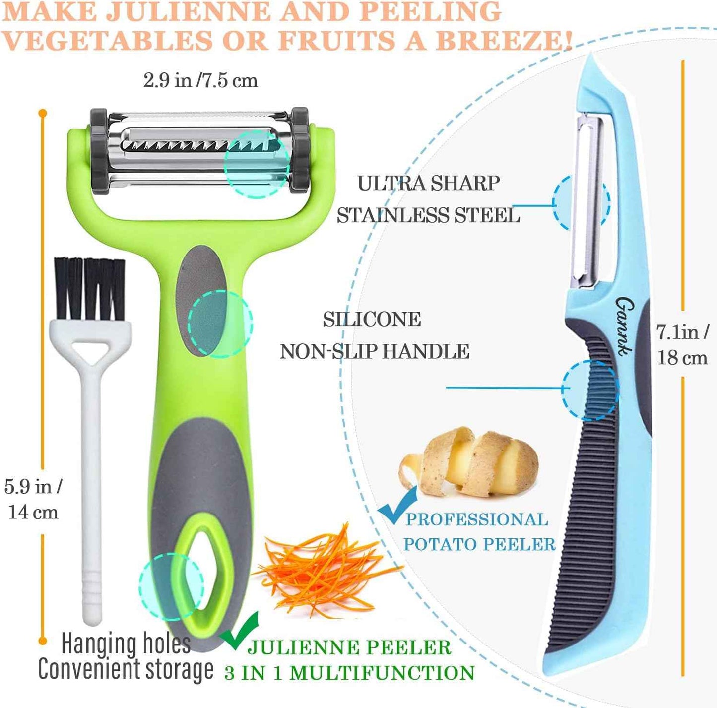 GANNK Potato Apple Vegetable Peelers for Kitchen, I and Y Peelers for Fruit Veggie Potatoes Carrot Cucumber, 3 in 1 Blade Spin Design With Julienne Function