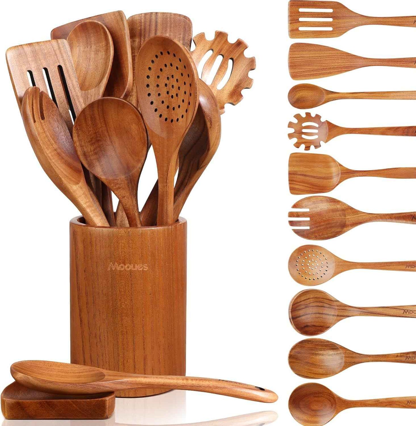 9 Piece Natural Teak Wooden Kitchen Utensil Set with Spoon Rest - Comfort Grip Cooking Spoons and Utensils Holder