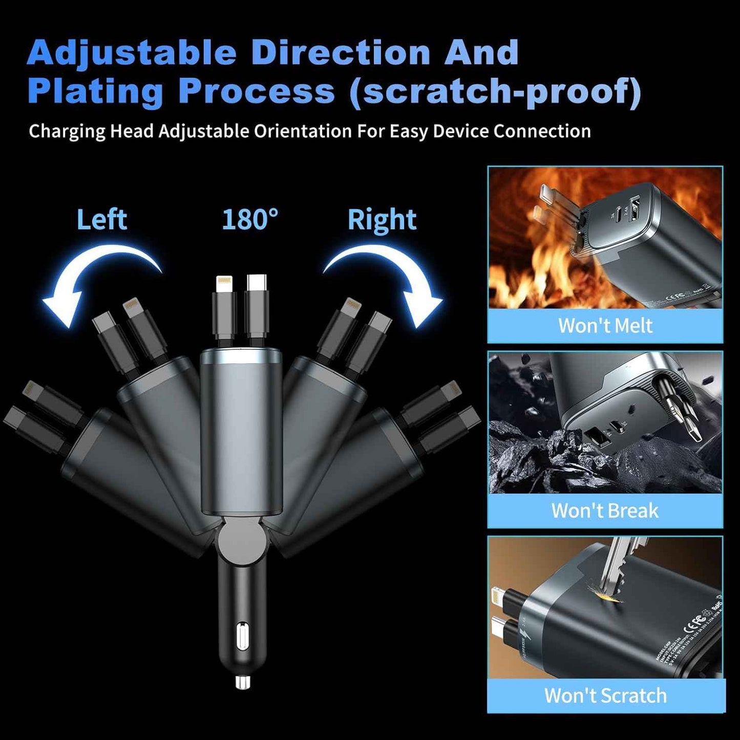 Retractable Car Charger, 84W Car Charger USB C 4 in 1, Car Accessories Fast Charging Car Charger Adapter for iPhone 17 16 15 14 13 12 Pro Max, Samsung, Pixel | Travel Essentials Gifts for Men Women