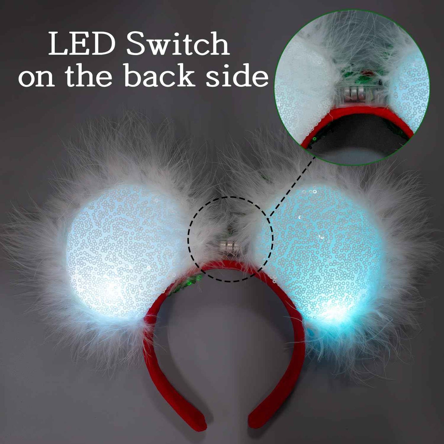 JIAHANG Christmas LED Flash Mouse Ear Headband, Lollipop Light Up Furry Edged Sequin Bow Hairband, Glowing Festival Party Decoration Headwear for Women Girls