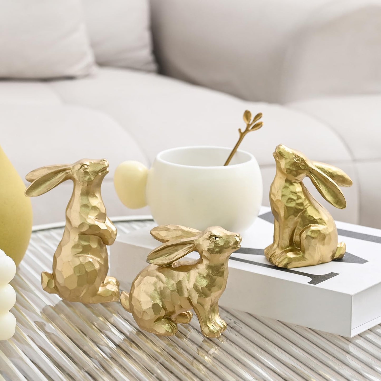 Resin Gold Bunny Decor Rabbit Figurines, Small Easter Bunny Figurine Set of 3, Easter Rabbit Statues for Spring Tabletop Decor