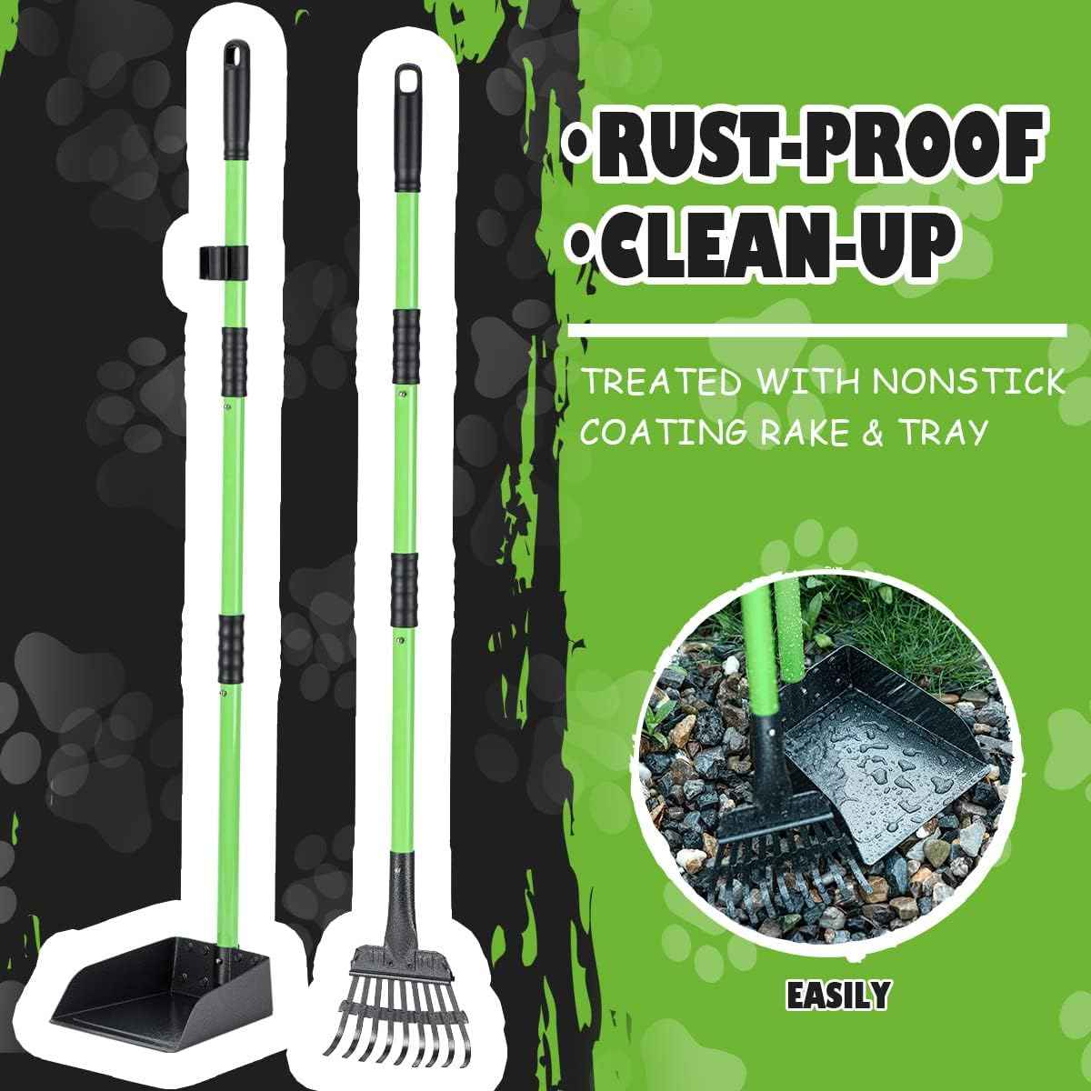 MXF Pooper Scooper, Dog Pooper Scooper Long Handle Stainless Metal Tray and Rake Set for Medium Small Dogs Heavy Duty - Use on Grass, Dirt or Gravel - Pet Supplies (Green)