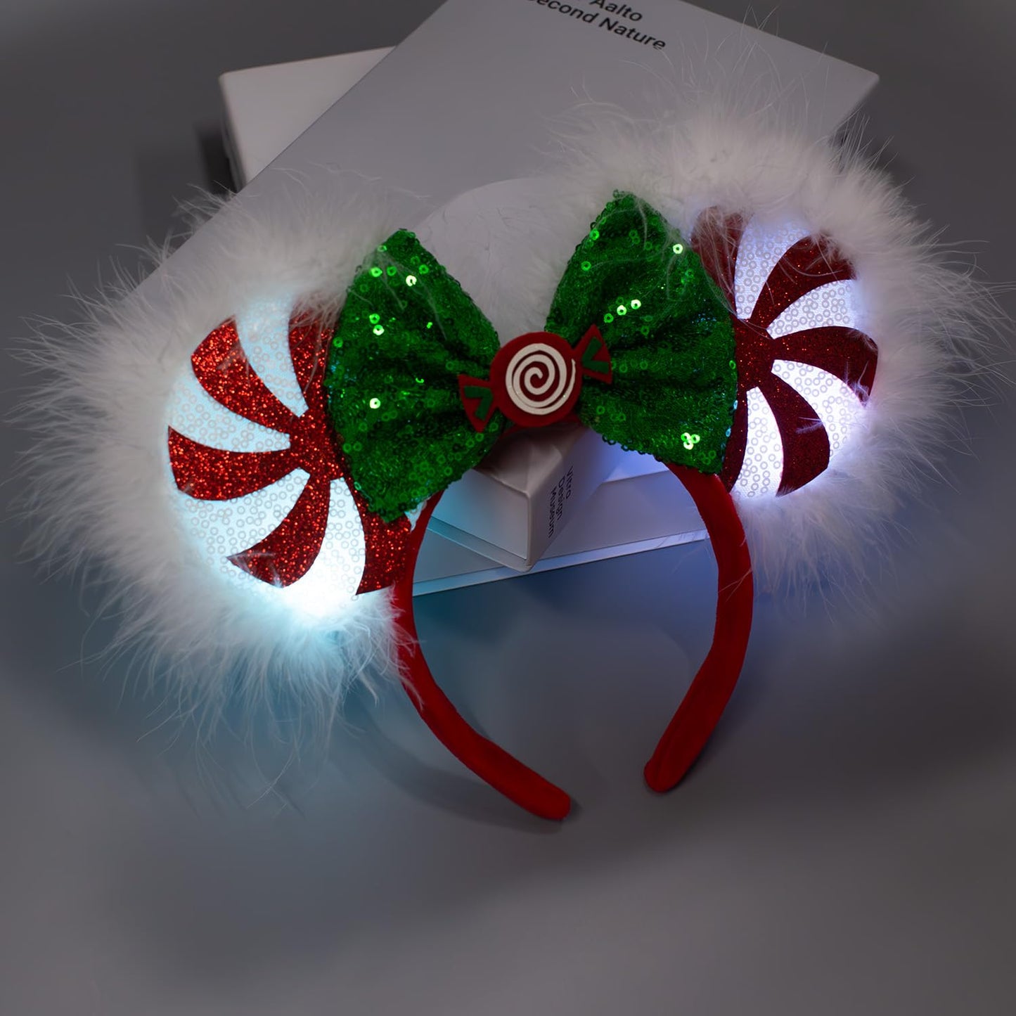 JIAHANG Christmas LED Flash Mouse Ear Headband, Lollipop Light Up Furry Edged Sequin Bow Hairband, Glowing Festival Party Decoration Headwear for Women Girls