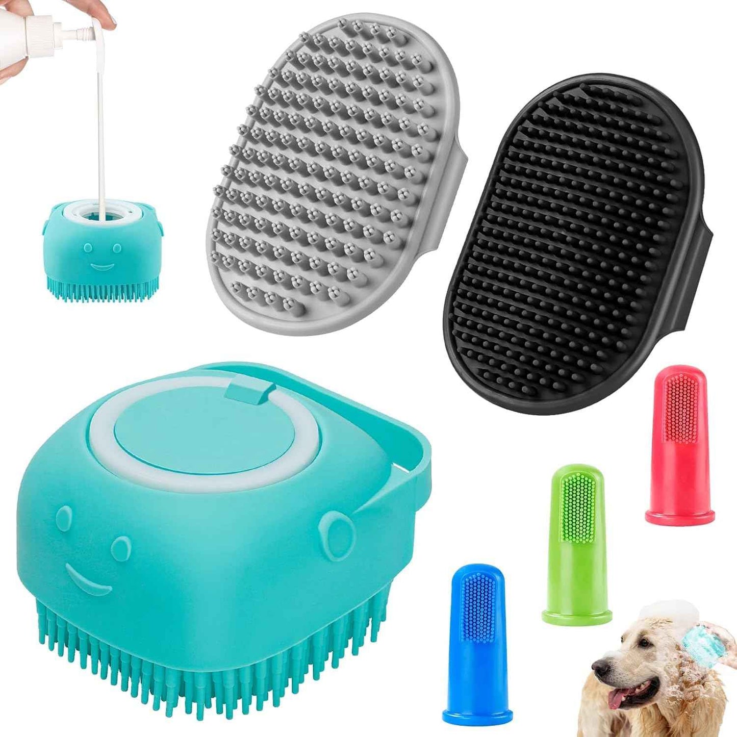 Comotech 6PCS Dog Bath Brush & Dog Toothbrush | Adjustable Handle Shampoo Brush & Scrubber for Short & Long Haired Dogs & Cats | Effectively Solve Odor & Stain Removal Problems | Pet Supplies (Blue)