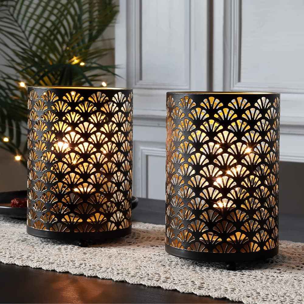 TRIROCKS Christmas Candle Lantern 7" H Etched Metal Candle Holder Christmas Decorations for Living Room Kitchen Tabletop Parties Patio Outdoors Indoors(3PCS;Bronze House)