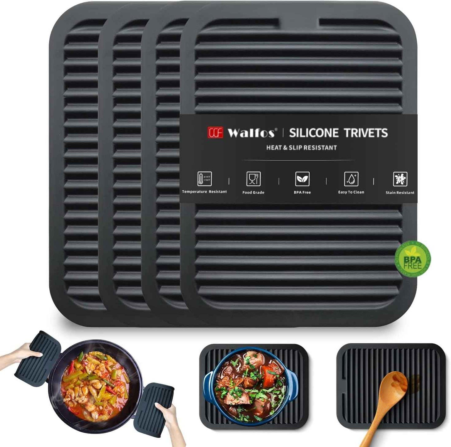 Walfos Silicone Trivet Mats - 4 Heat Resistant Pot Holders, Multipurpose Non-Slip Hot Pads for Kitchen Potholders, Hot Dishers, Jar Opener, Spoon Holder, Food Grade Silicone & BPA Free (Black)