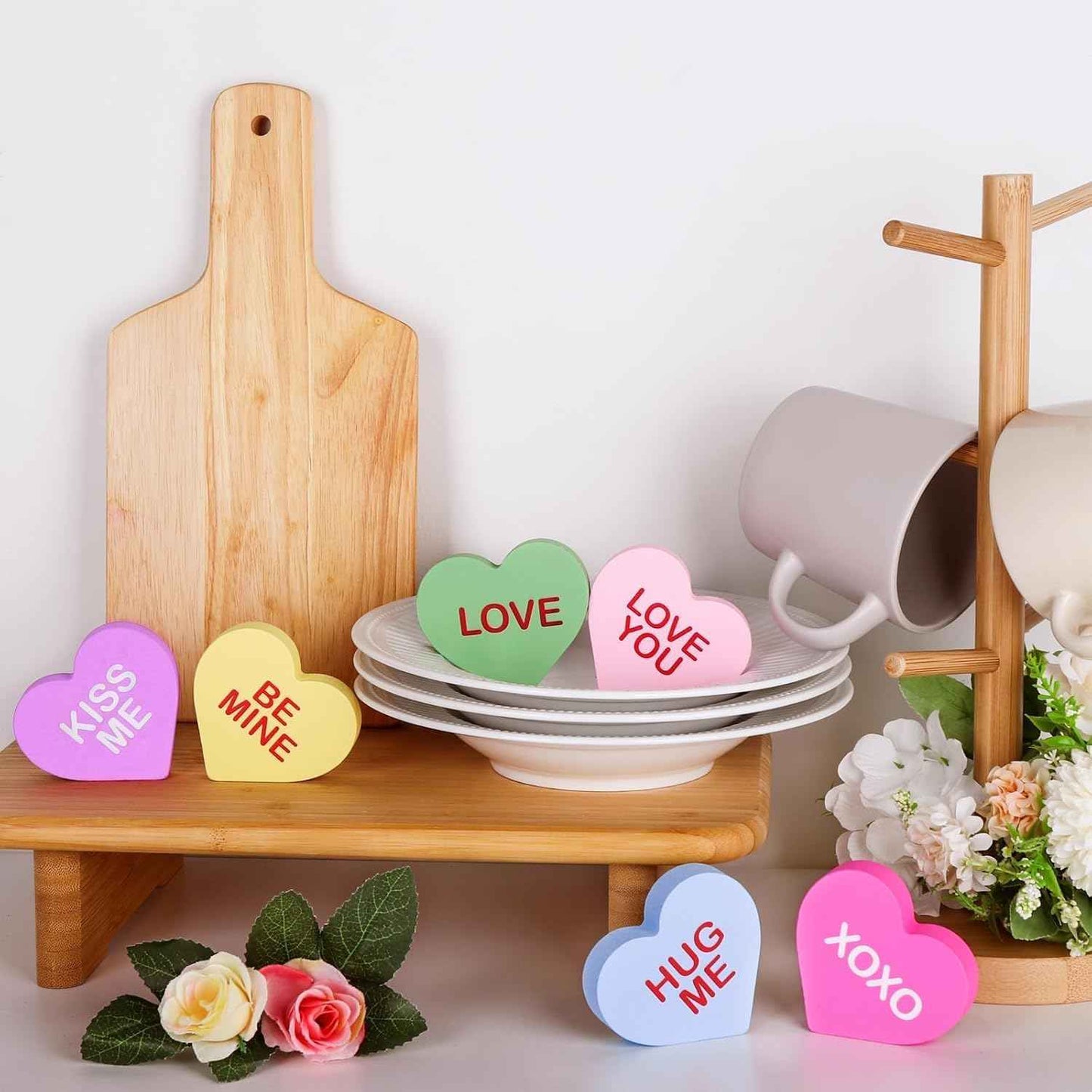Valentines Day Decorations, 6 Pcs Candy Conversation Hearts Wooden Table Decor Signs, Durable Tiered Tray Decoration Set, Classic Galentines Day Decorations for the Home Office Mantel Shelf Gift