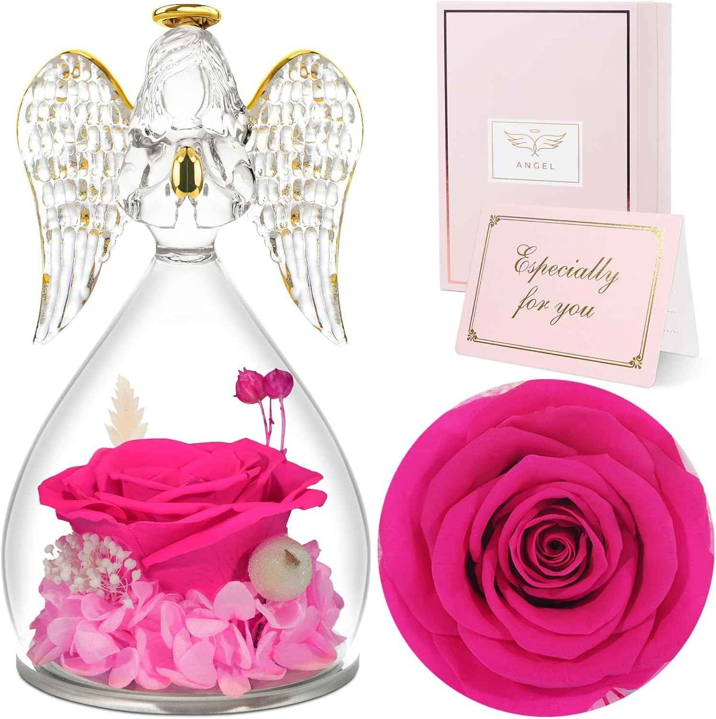 Sunia Valentines Day Rose Gifts for Women, Birthday Gifts for Mom Grandma, Forever Preserved Flower in Glass Angel Figurines Flowers for Delivery Prime, Mothers Day Real Roses for Her Wife