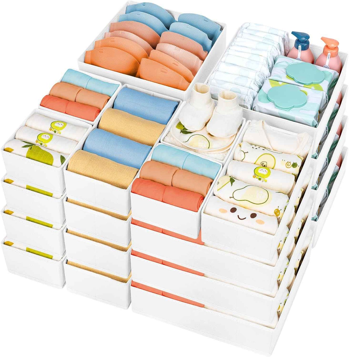 DIMJ Drawer Organizer Clothes, 12 Pack Dresser Organizer, Foldable Closet Organizers and Storage, Fabric Dresser Bins, Drawer Dividers for Nursery, Baby Clothes, Underwears, Sock (Beige)