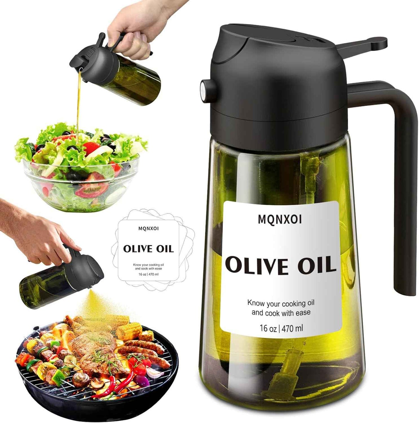 2 in 1 Glass Oil Sprayer & Dispenser,16oz/470ml Olive Cooking, Air Fryer, and Salad, for Kitchen Gadgets and Air Fryer Accessories, w/Stickers (Black)