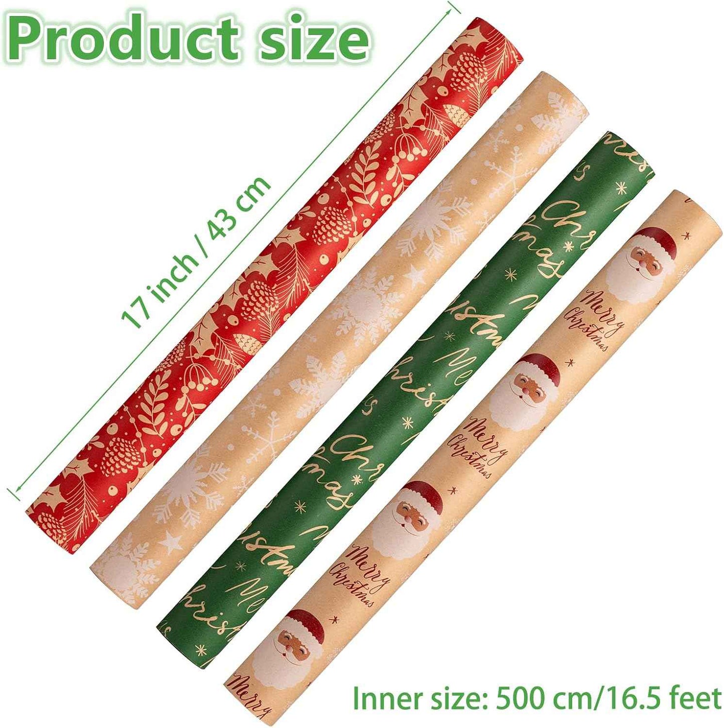 Christmas Kraft Wrapping Paper (4 Rolls, 93 sq. ft. ttl) Santa Claus, Snowflakes, Merry Christmas Script, Pinecones and Foliage Patterns for Holiday Gift Wrap - 17 Inches x 16.5 Feet Per Roll