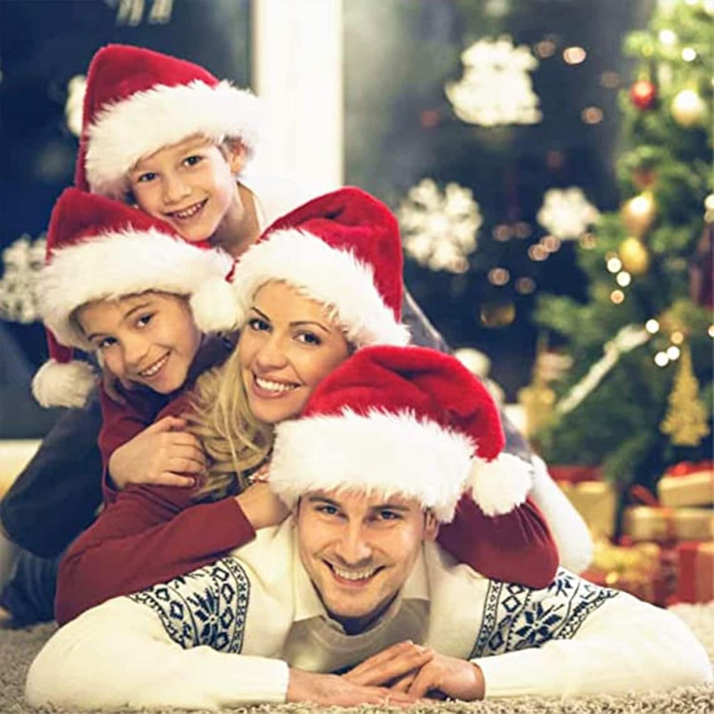 2pcs Fluffy Red Santa Hats Set with Plush Brim and Liner for Adults Men Women - Christmas, New Year Party Supplies & Gifts